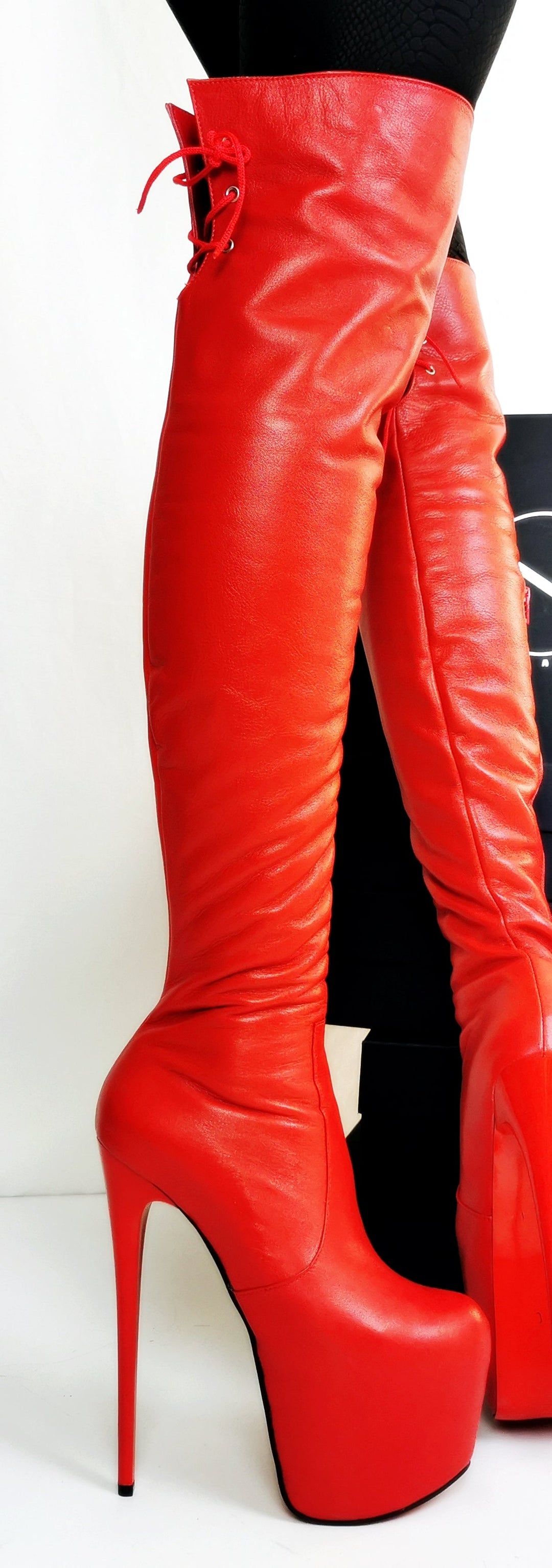 Back Lace Red Genuine Leather Thigh High Boots - Tajna Club