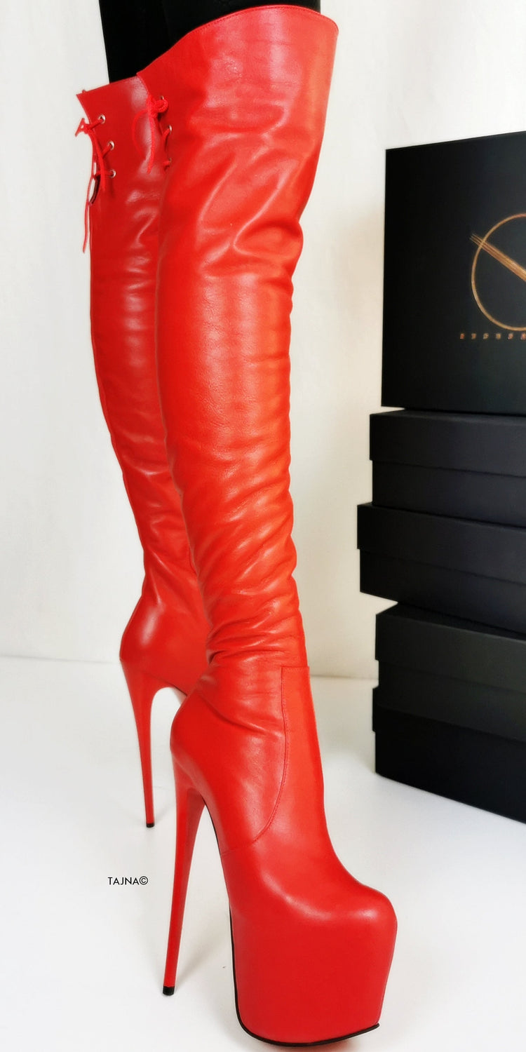 Back Lace Red Genuine Leather Thigh High Boots - Tajna Club