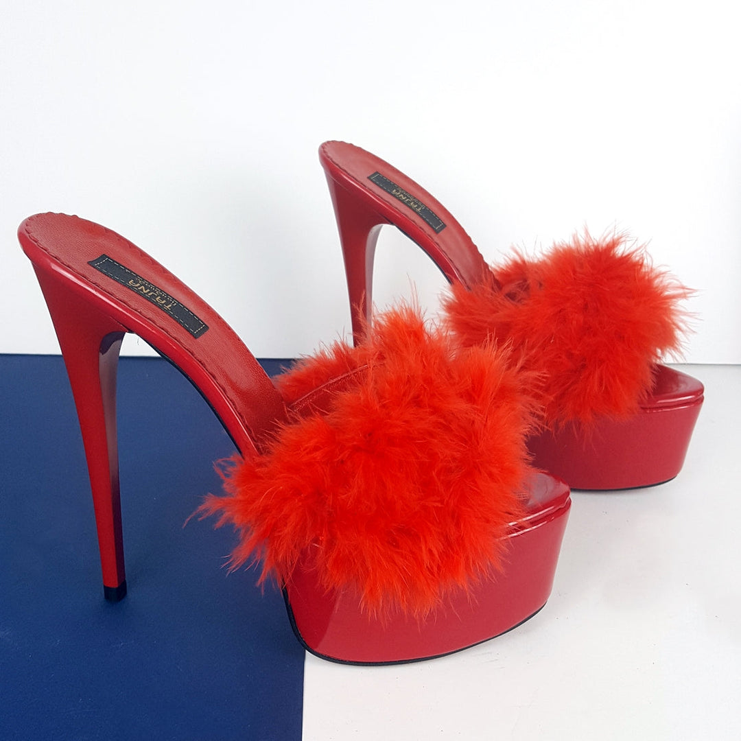 Red Fur High Heel Mules - Tajna Club