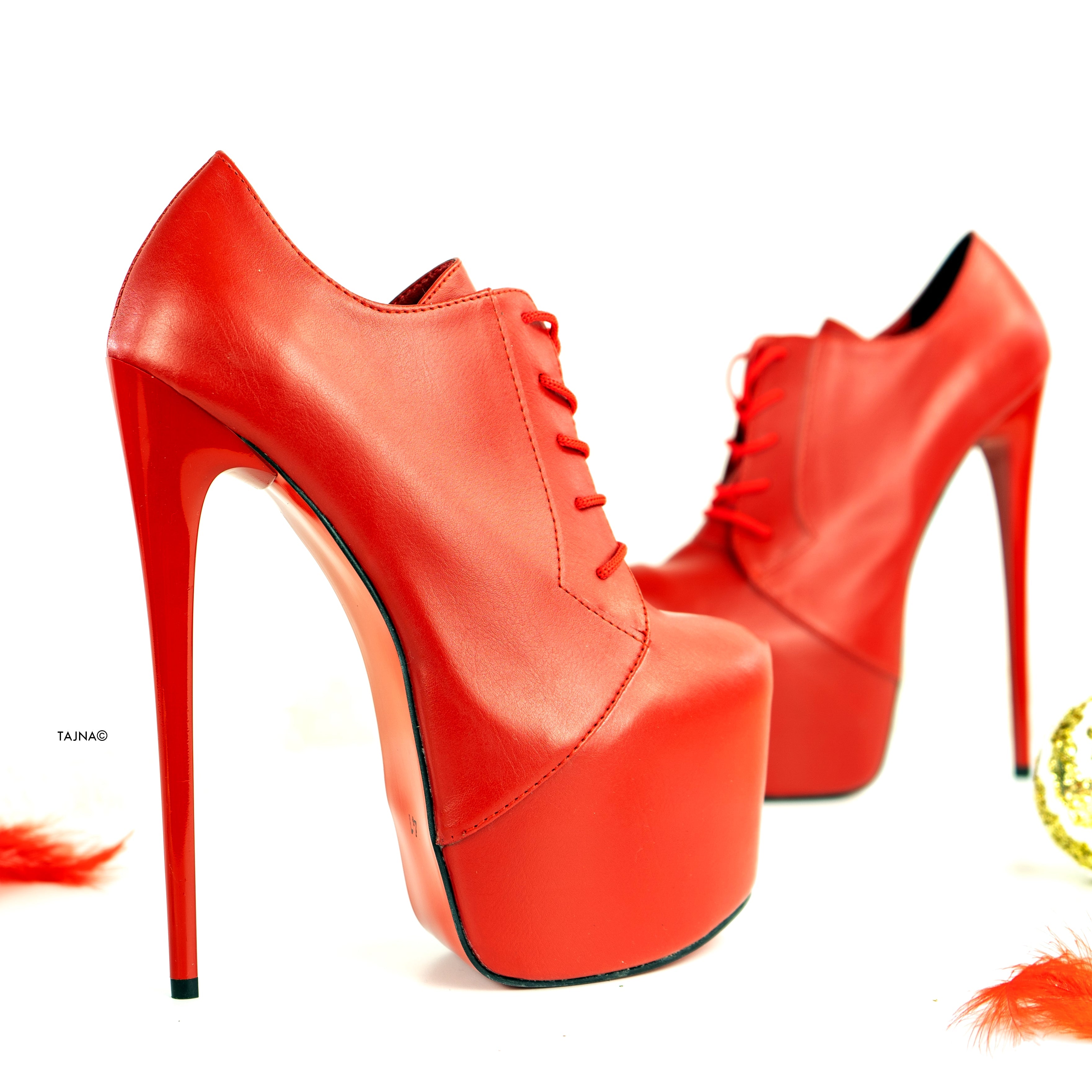 Red Genuine Leather Oxford High Heels - Tajna Club