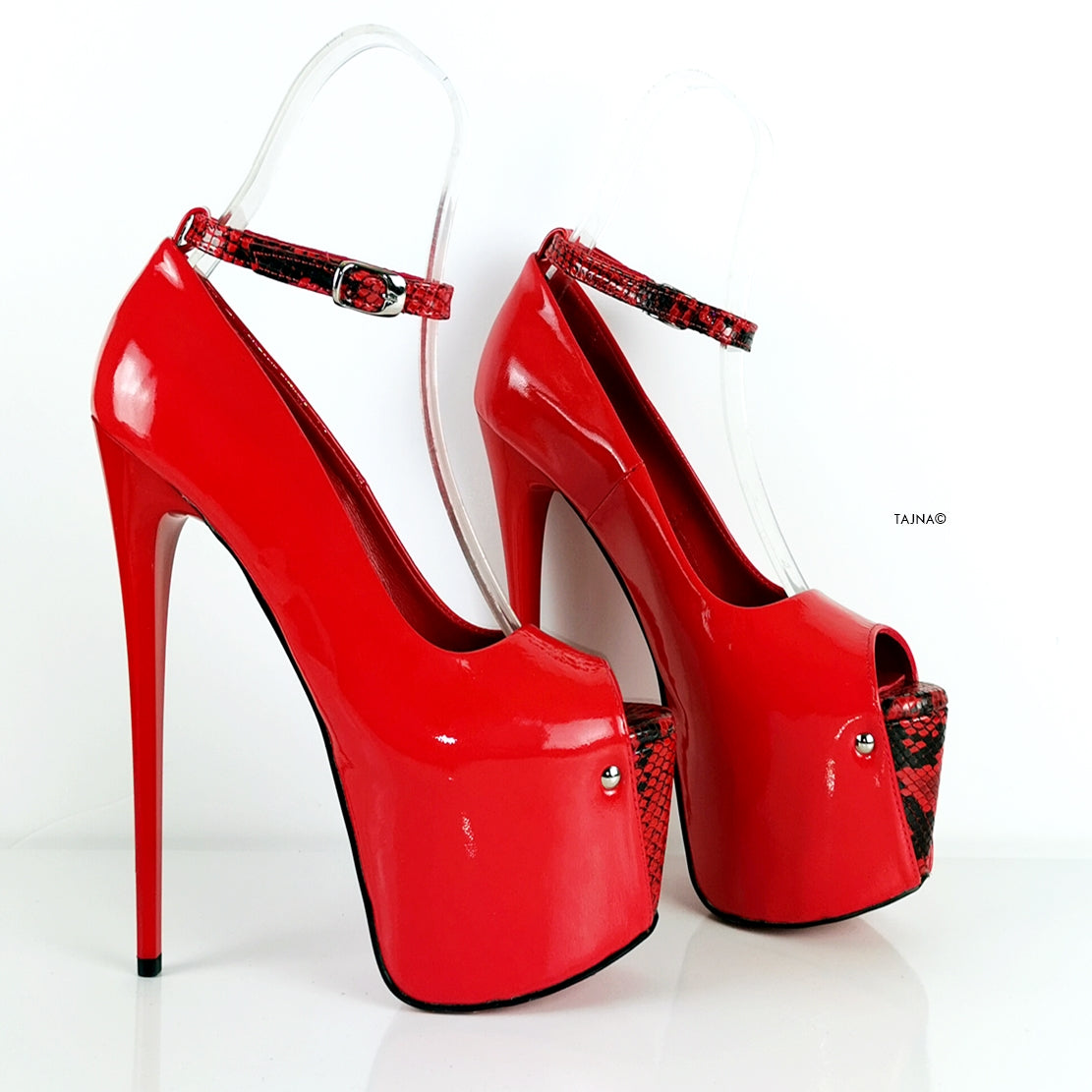 Genuine Leather Red Snake Detail Heels - Tajna Club