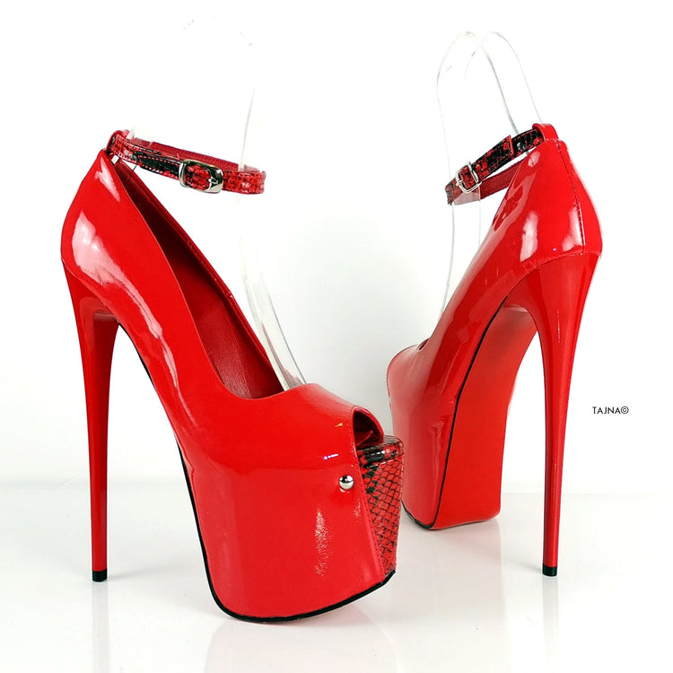 Genuine Leather Red Snake Detail Heels - Tajna Club