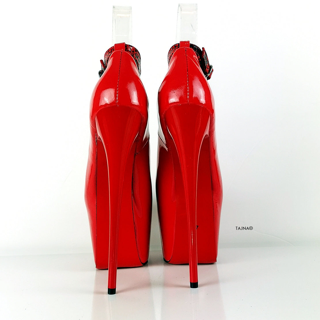 Genuine Leather Red Snake Detail Heels - Tajna Club