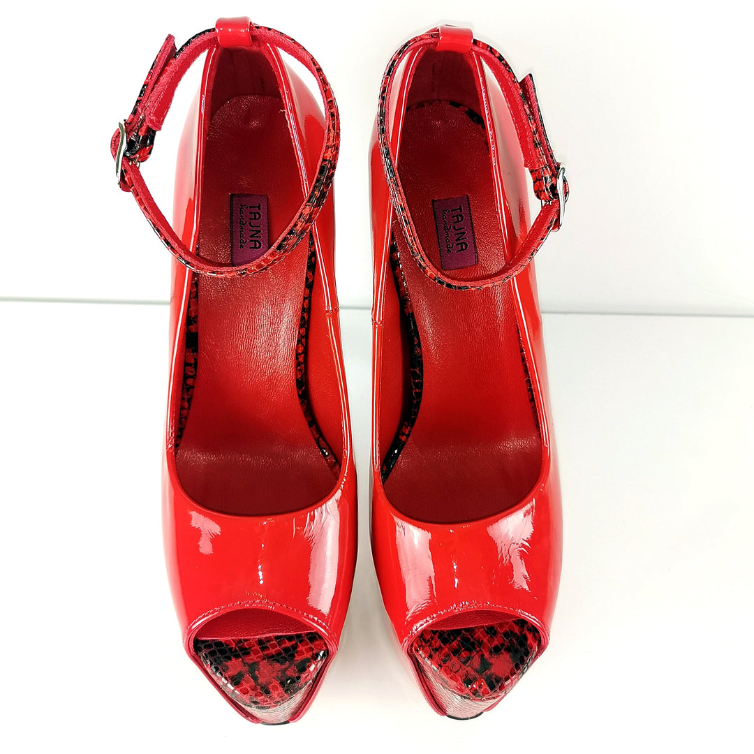 Genuine Leather Red Snake Detail Heels - Tajna Club