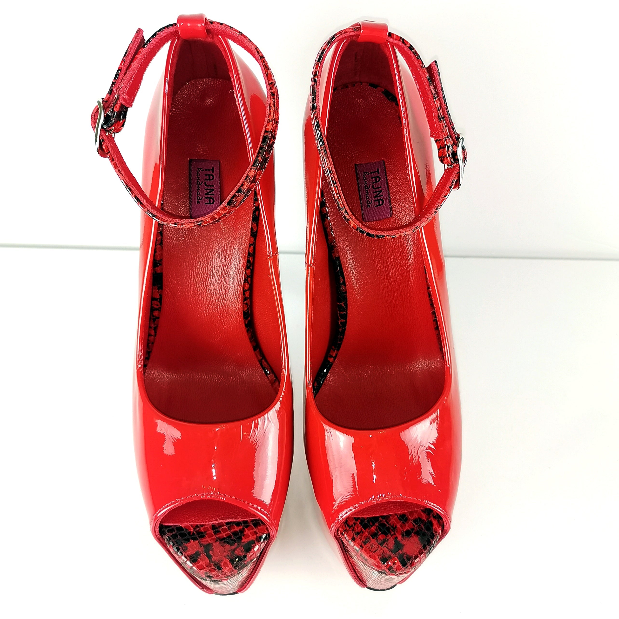 Genuine Leather Red Snake Detail Heels - Tajna Club