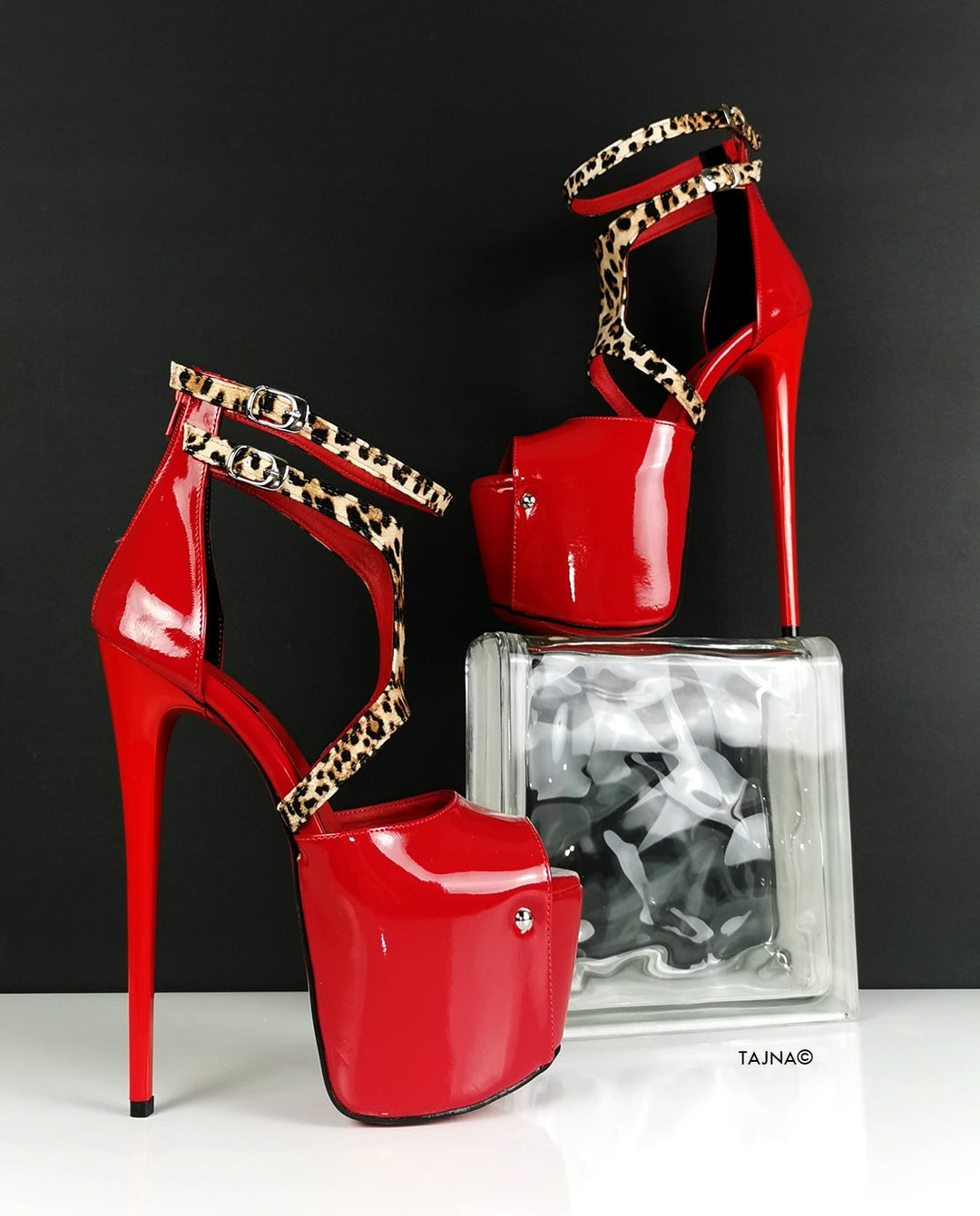 Red Patent Leopard Detail High Heels - Tajna Club