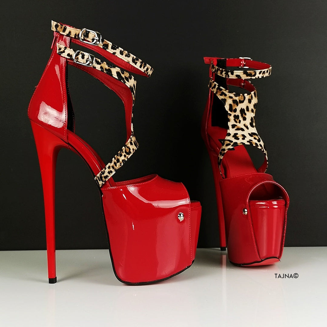 Red Patent Leopard Detail High Heels - Tajna Club