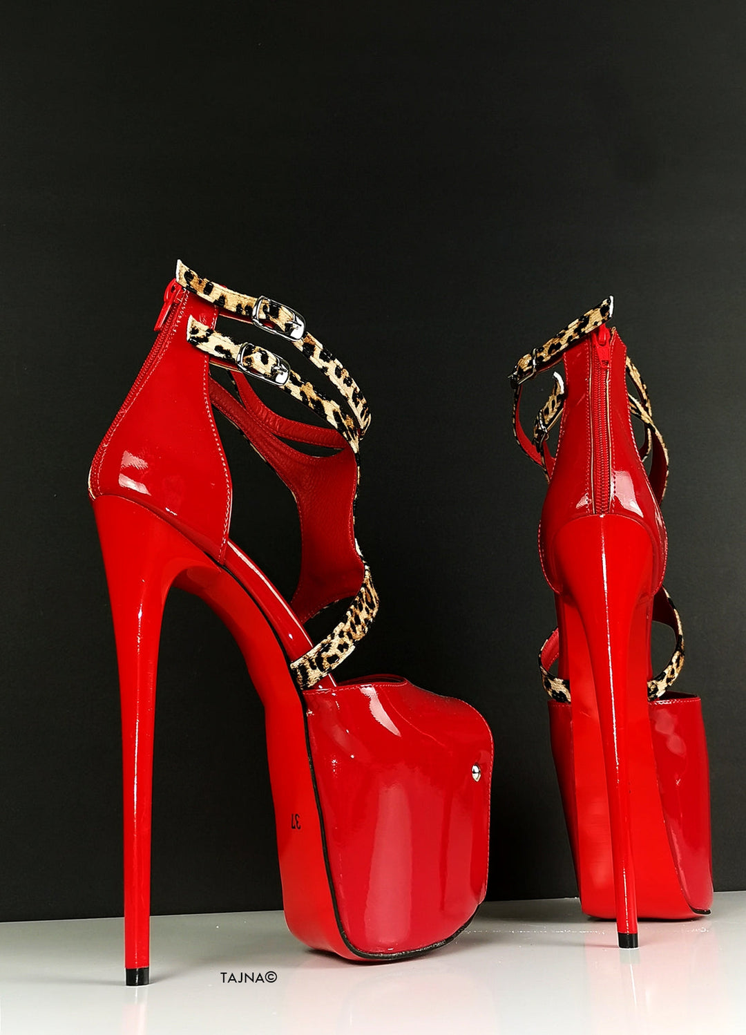 Red Patent Leopard Detail High Heels - Tajna Club