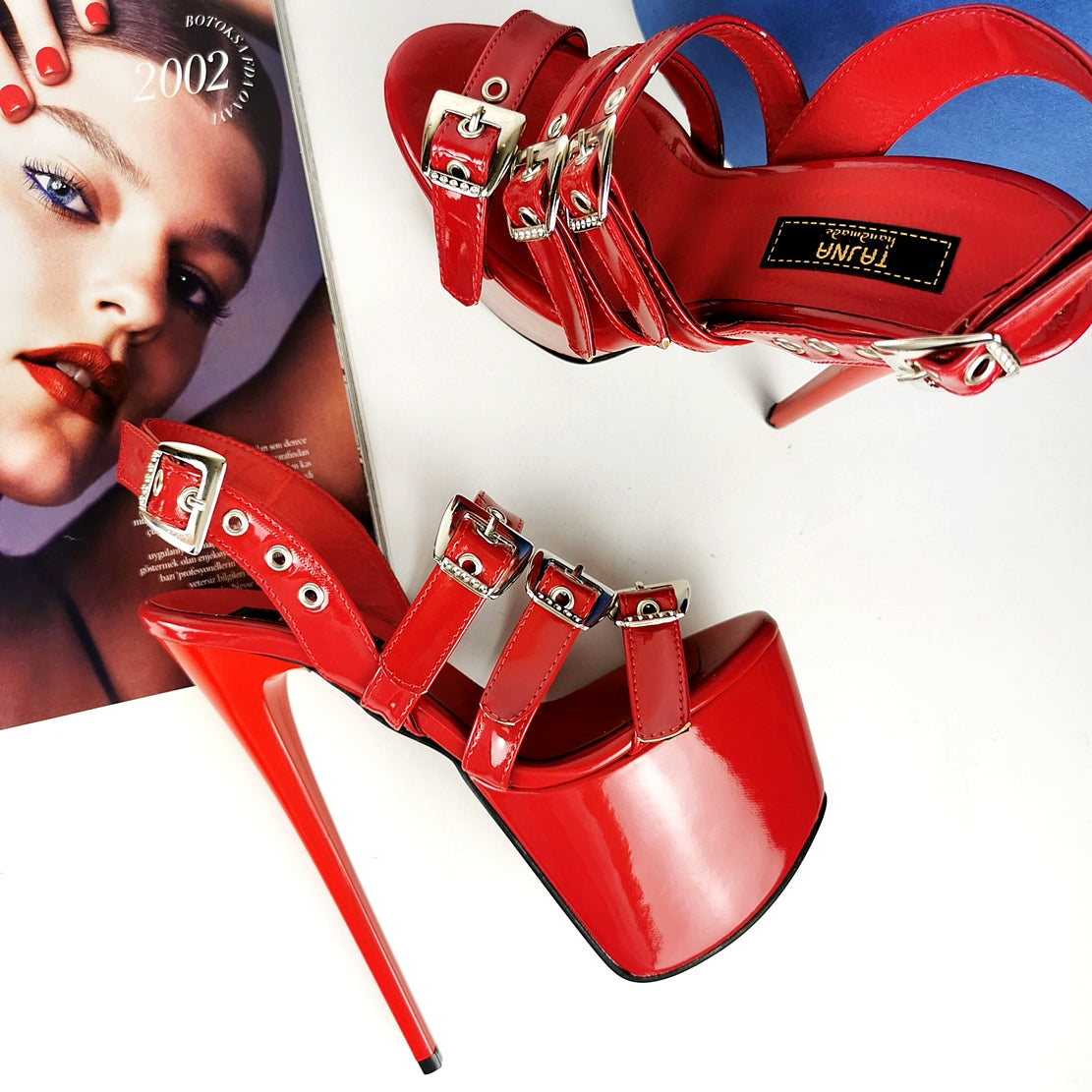 Red Triple Belted High Heel Sandals - Tajna Club