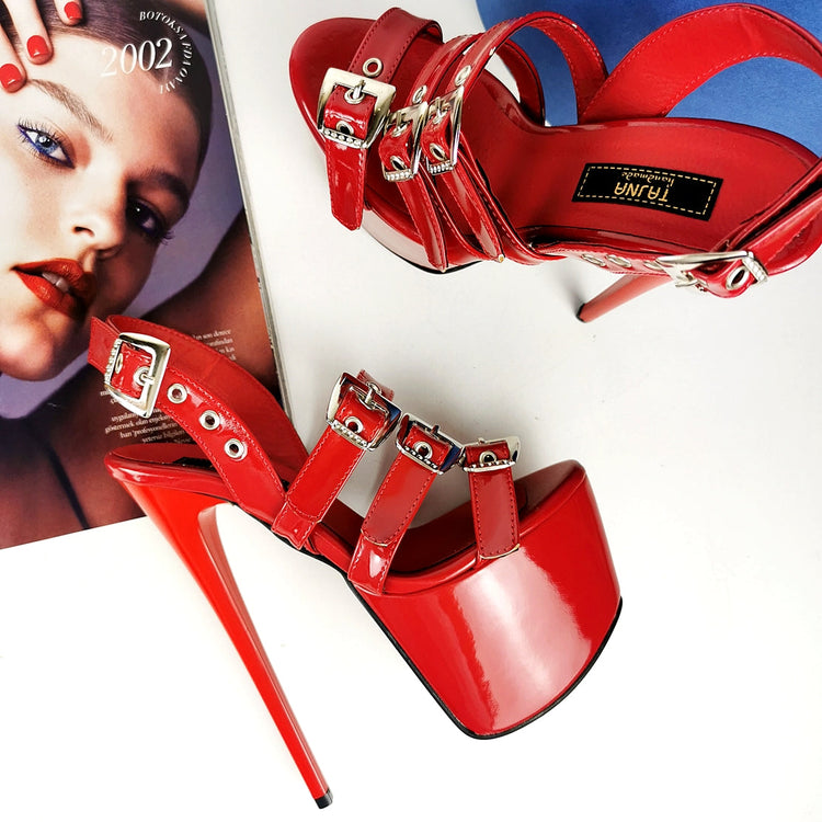 Red Triple Belted High Heel Sandals - Tajna Club