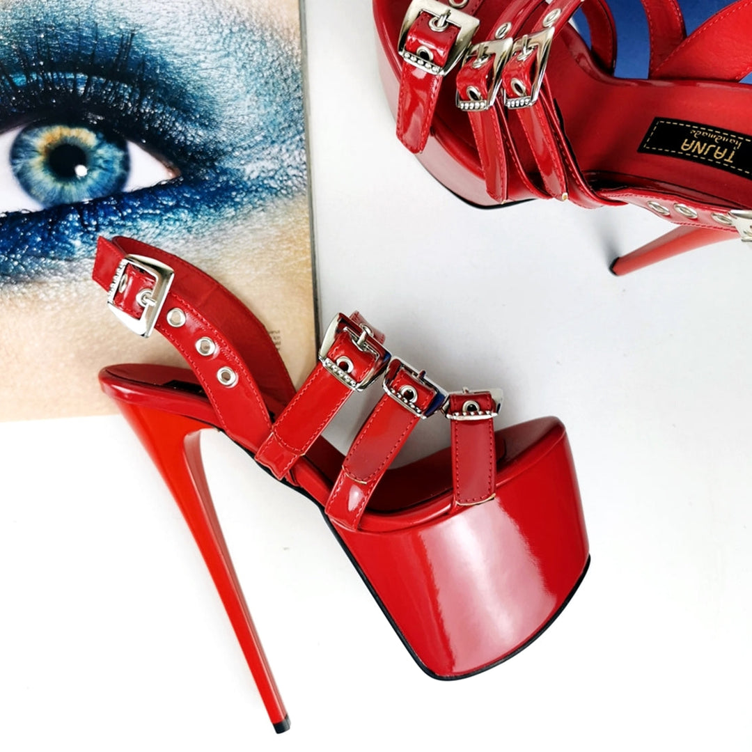 Red Triple Belted High Heel Sandals - Tajna Club