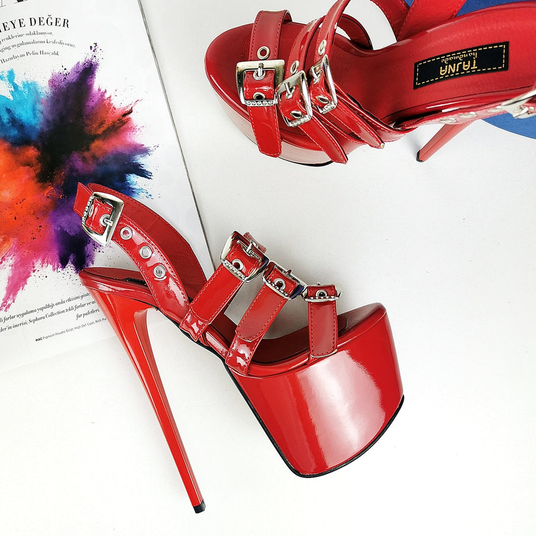 Red Triple Belted High Heel Sandals - Tajna Club