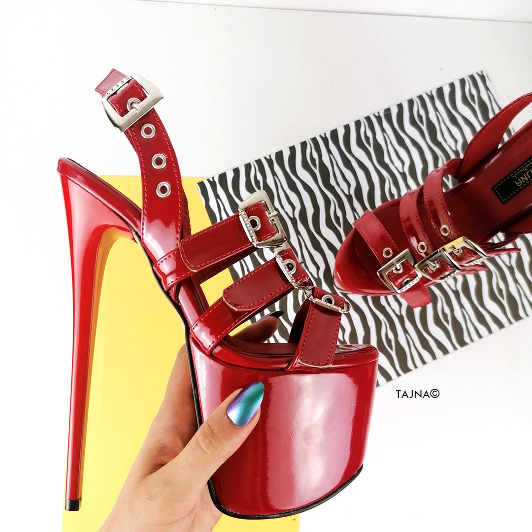 Red Triple Belted High Heel Sandals - Tajna Club