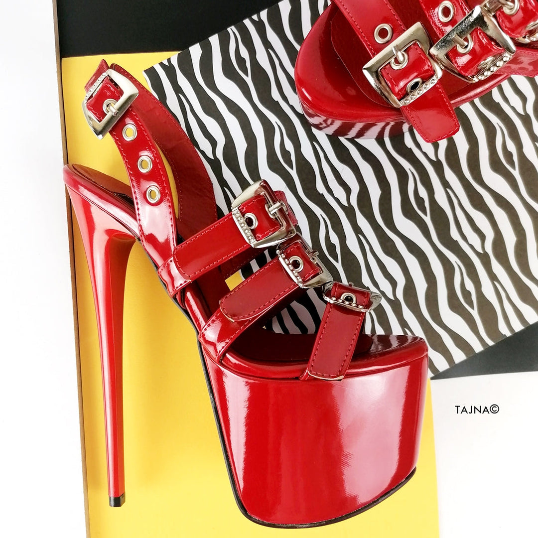 Red Triple Belted High Heel Sandals - Tajna Club