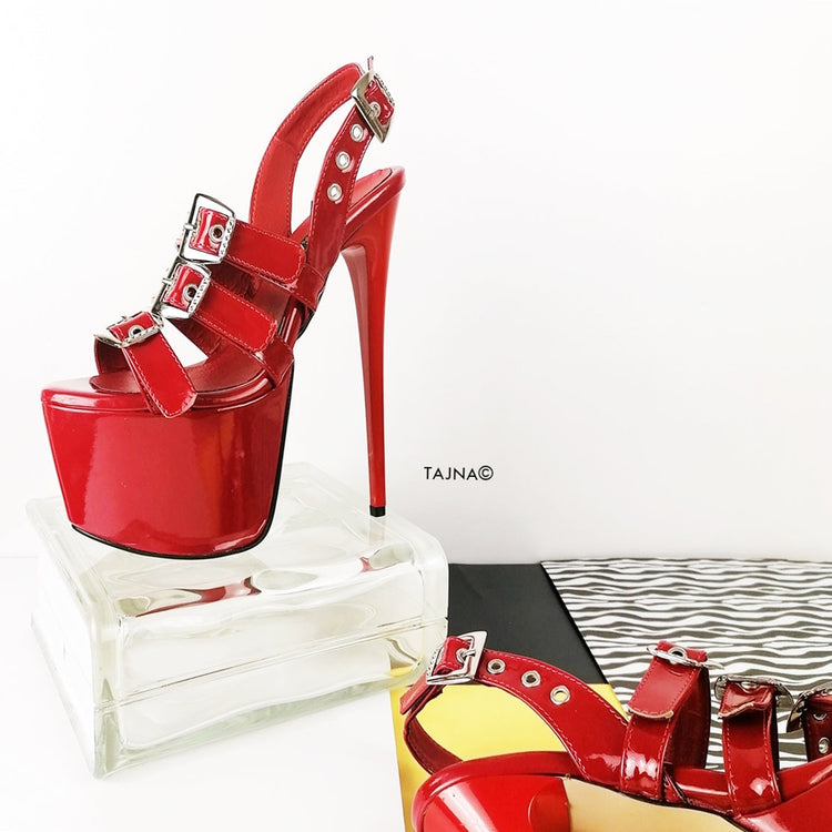 Red Triple Belted High Heel Sandals - Tajna Club