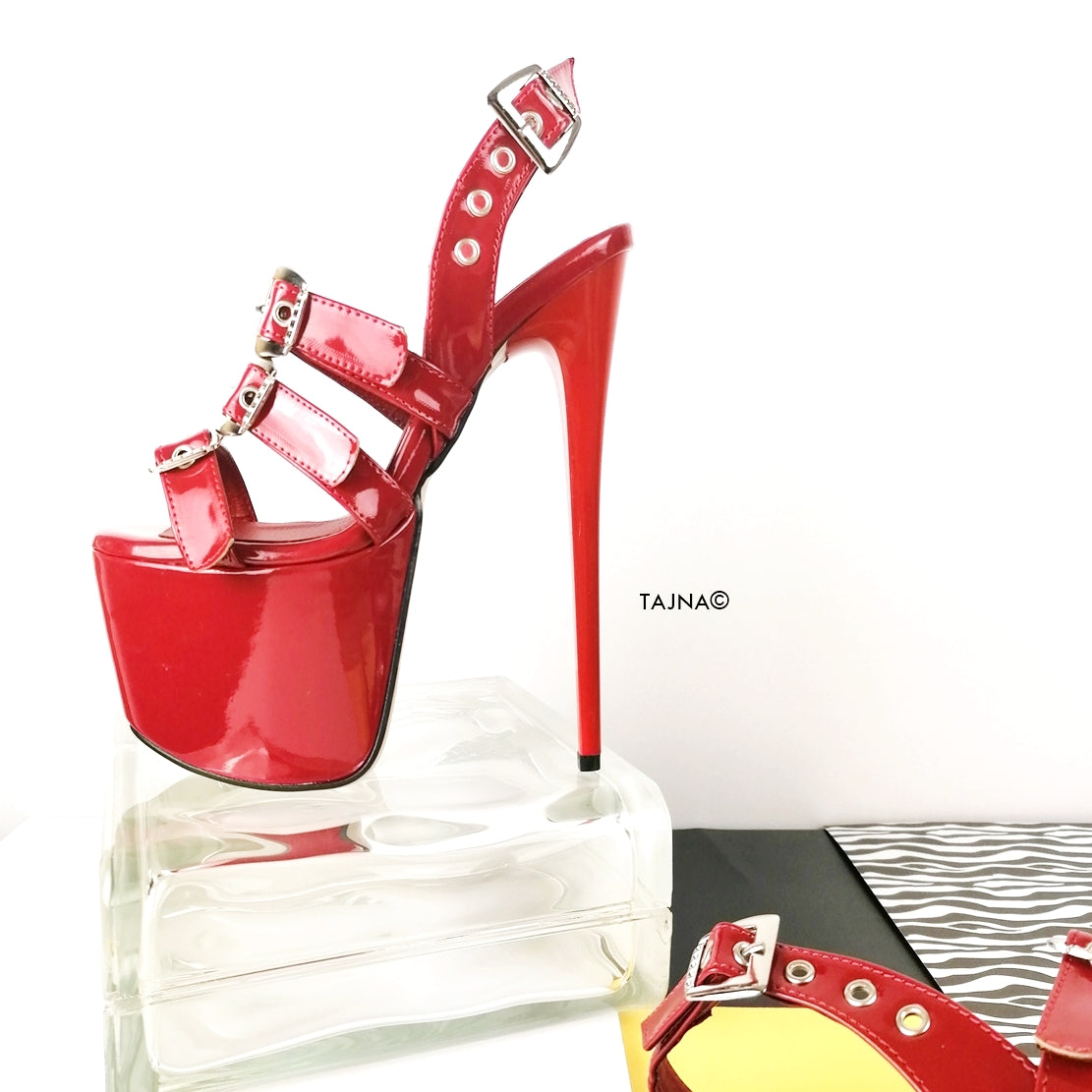 Red Triple Belted High Heel Sandals - Tajna Club