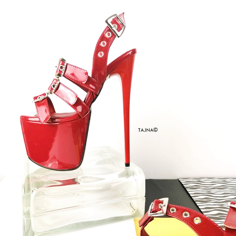 Red Triple Belted High Heel Sandals - Tajna Club