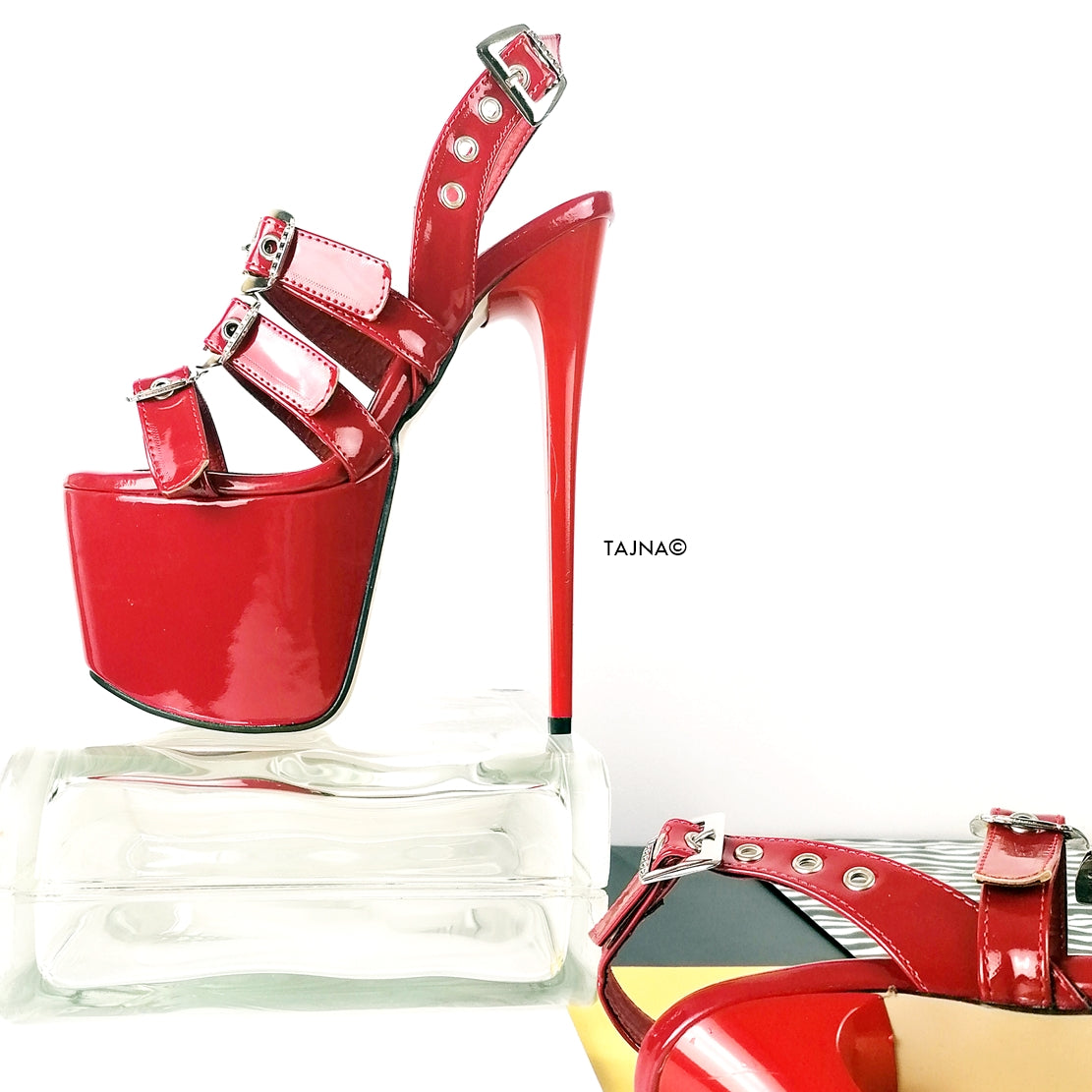 Red Triple Belted High Heel Sandals - Tajna Club