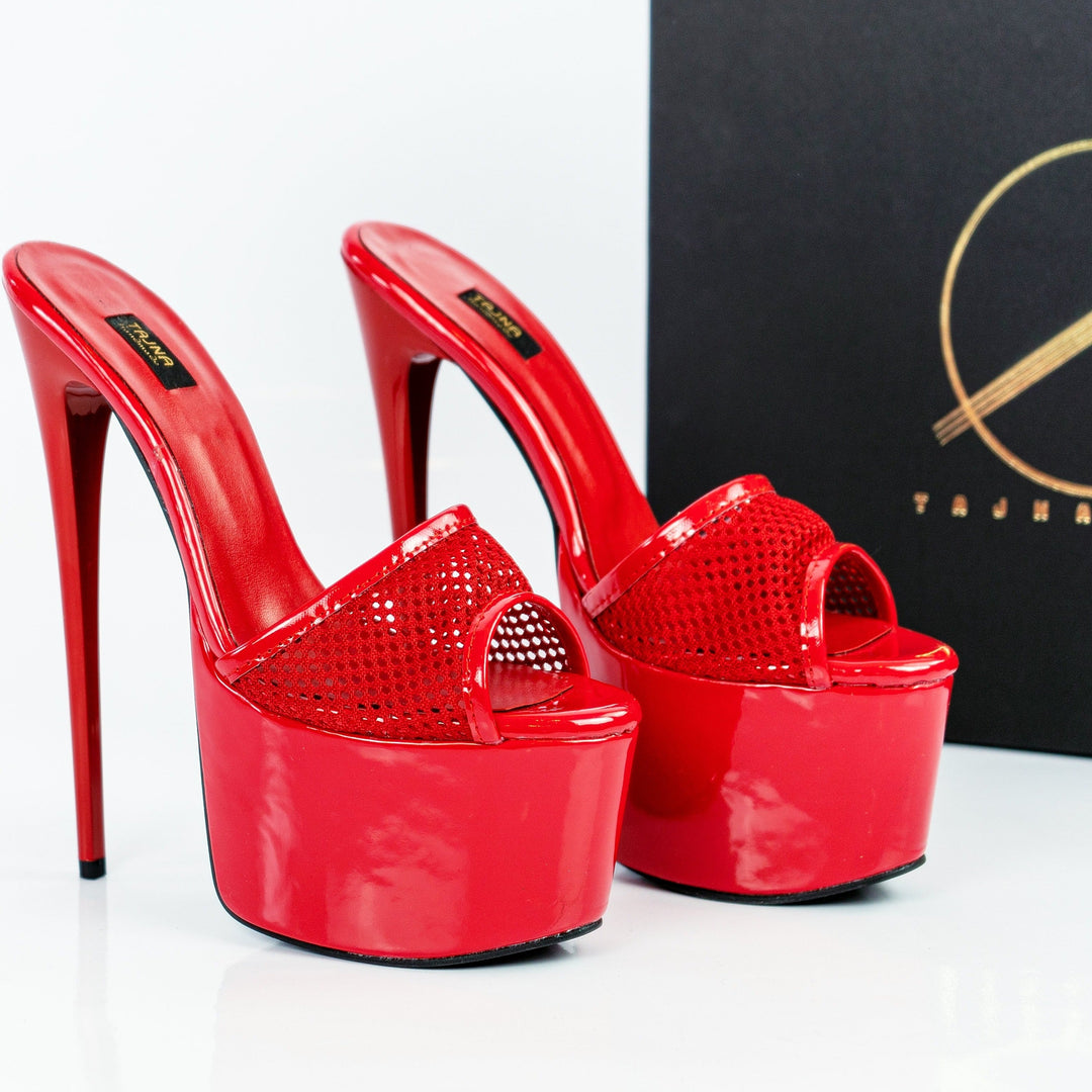 Red Gloss Fishnet High Heel Mules - Tajna Club