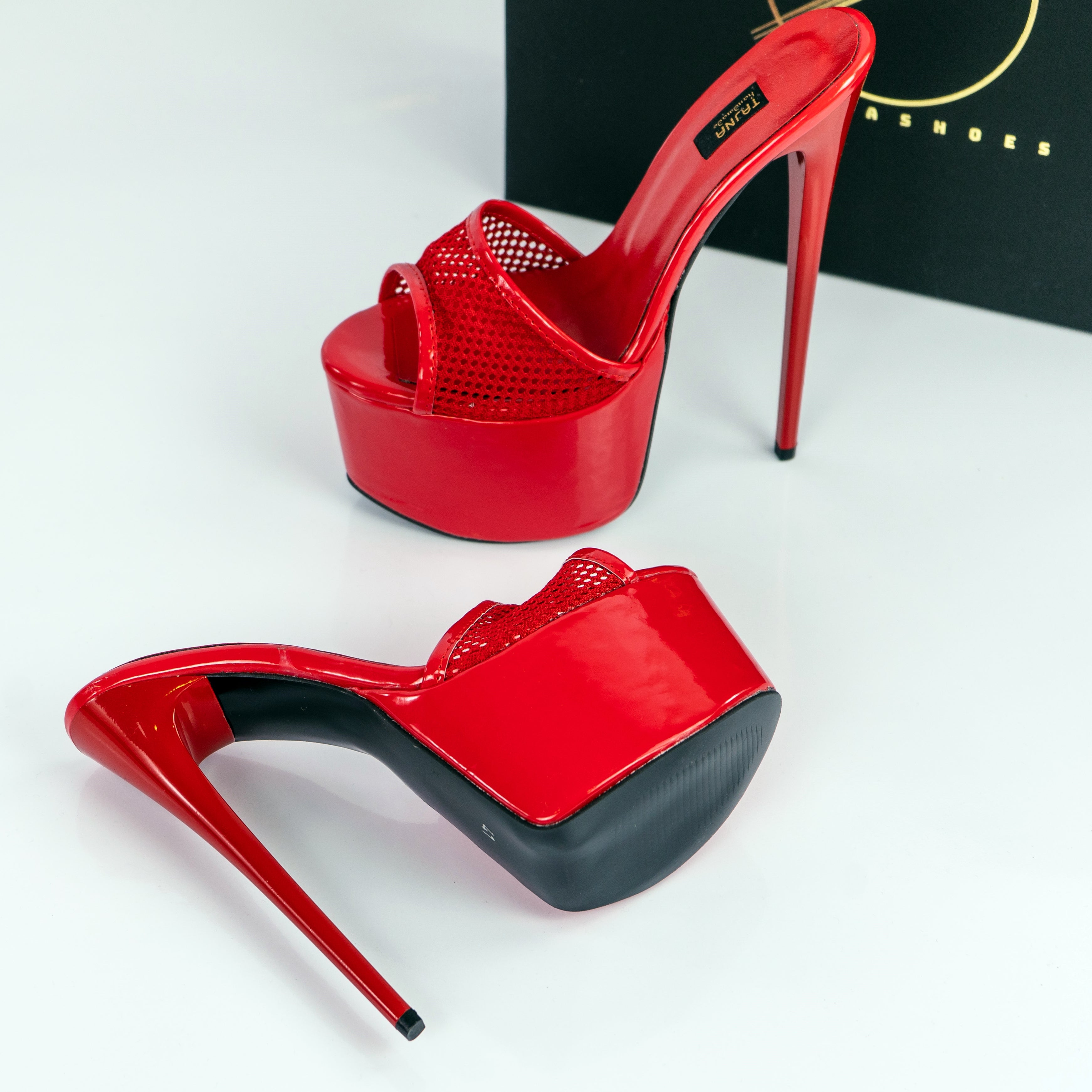 Red Gloss Fishnet High Heel Mules - Tajna Club