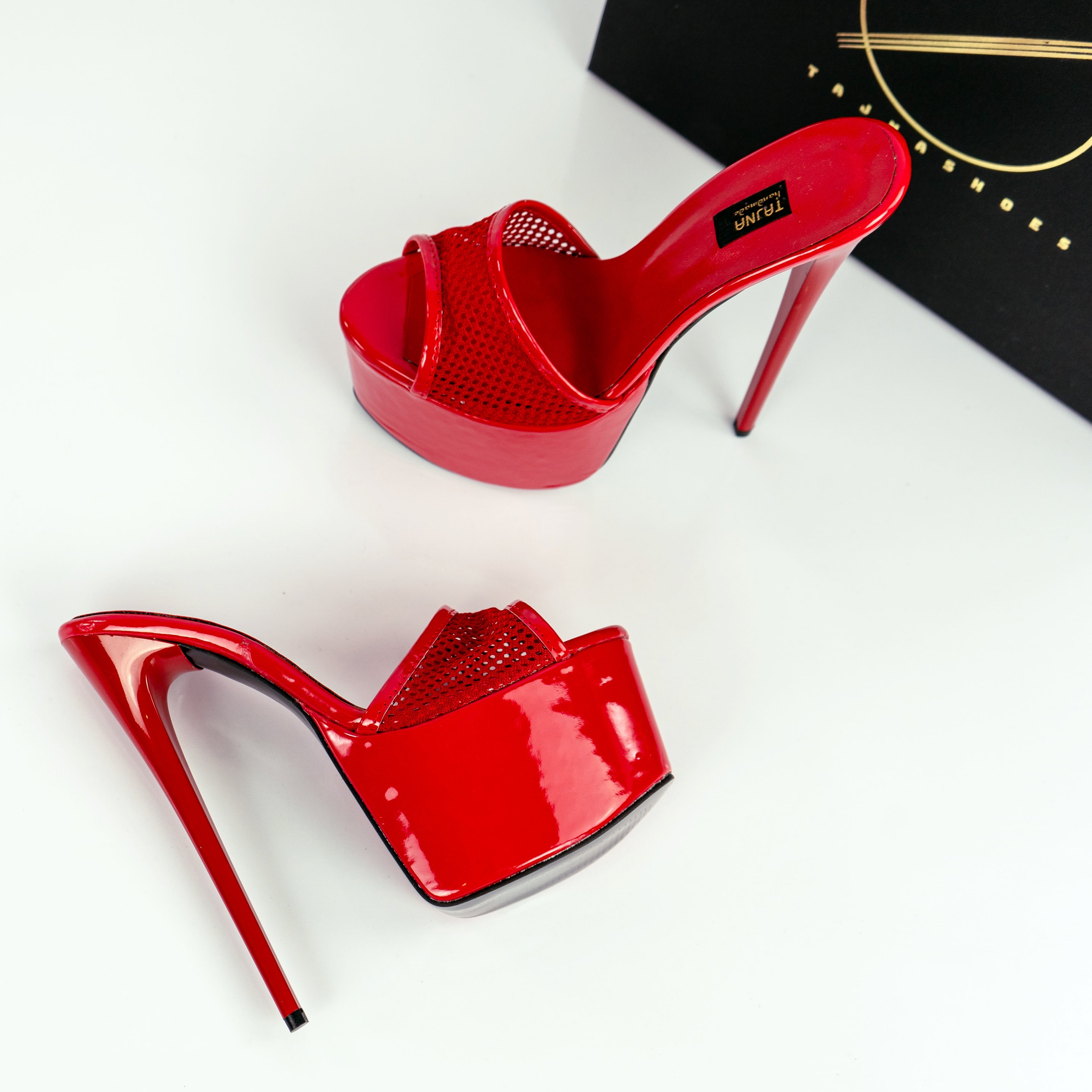 Red Gloss Fishnet High Heel Mules - Tajna Club