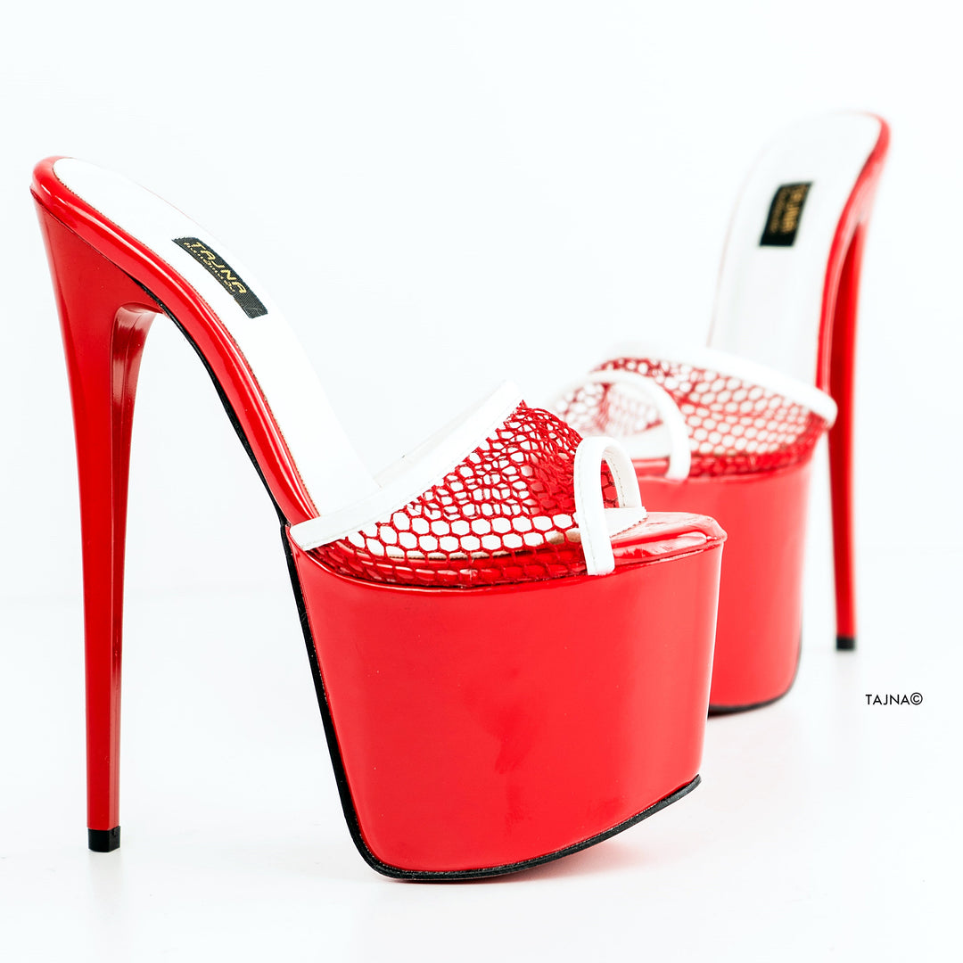 Red Gloss Fishnet High Heel Mules - Tajna Club