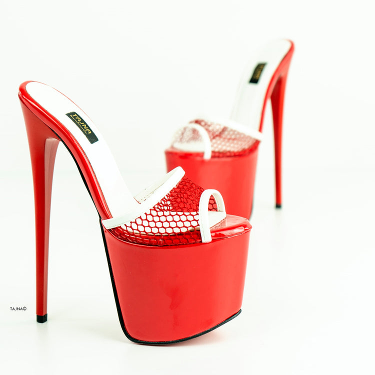 Red Gloss Fishnet High Heel Mules - Tajna Club