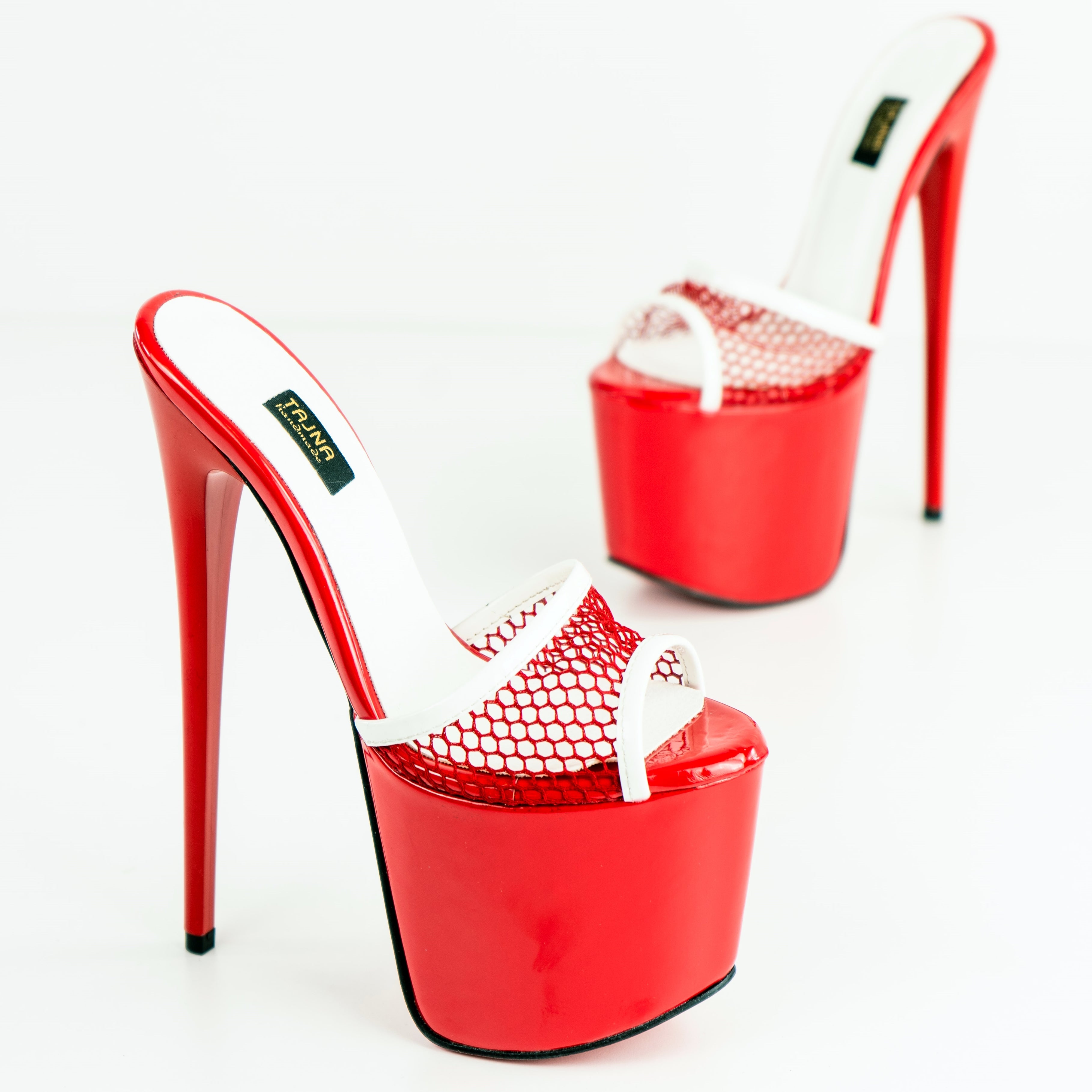 Red Gloss Fishnet High Heel Mules - Tajna Club