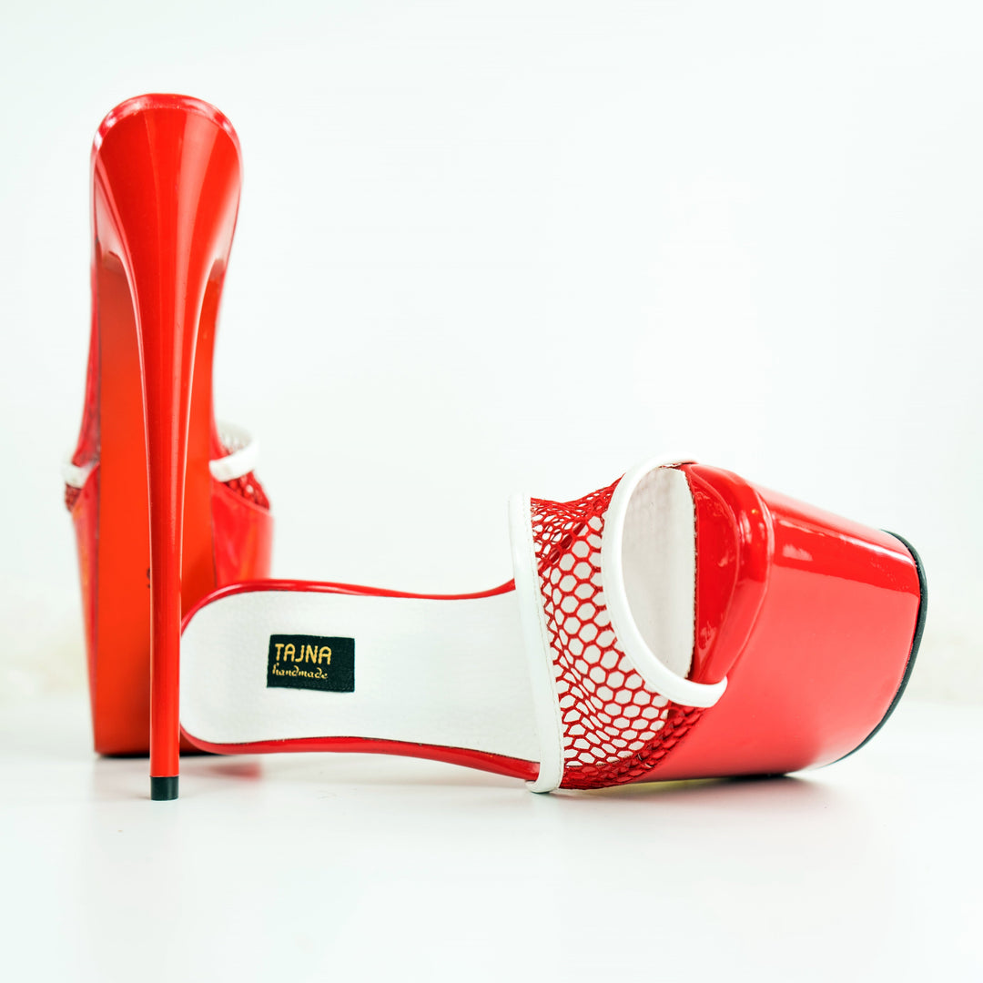 Red Gloss Fishnet High Heel Mules - Tajna Club