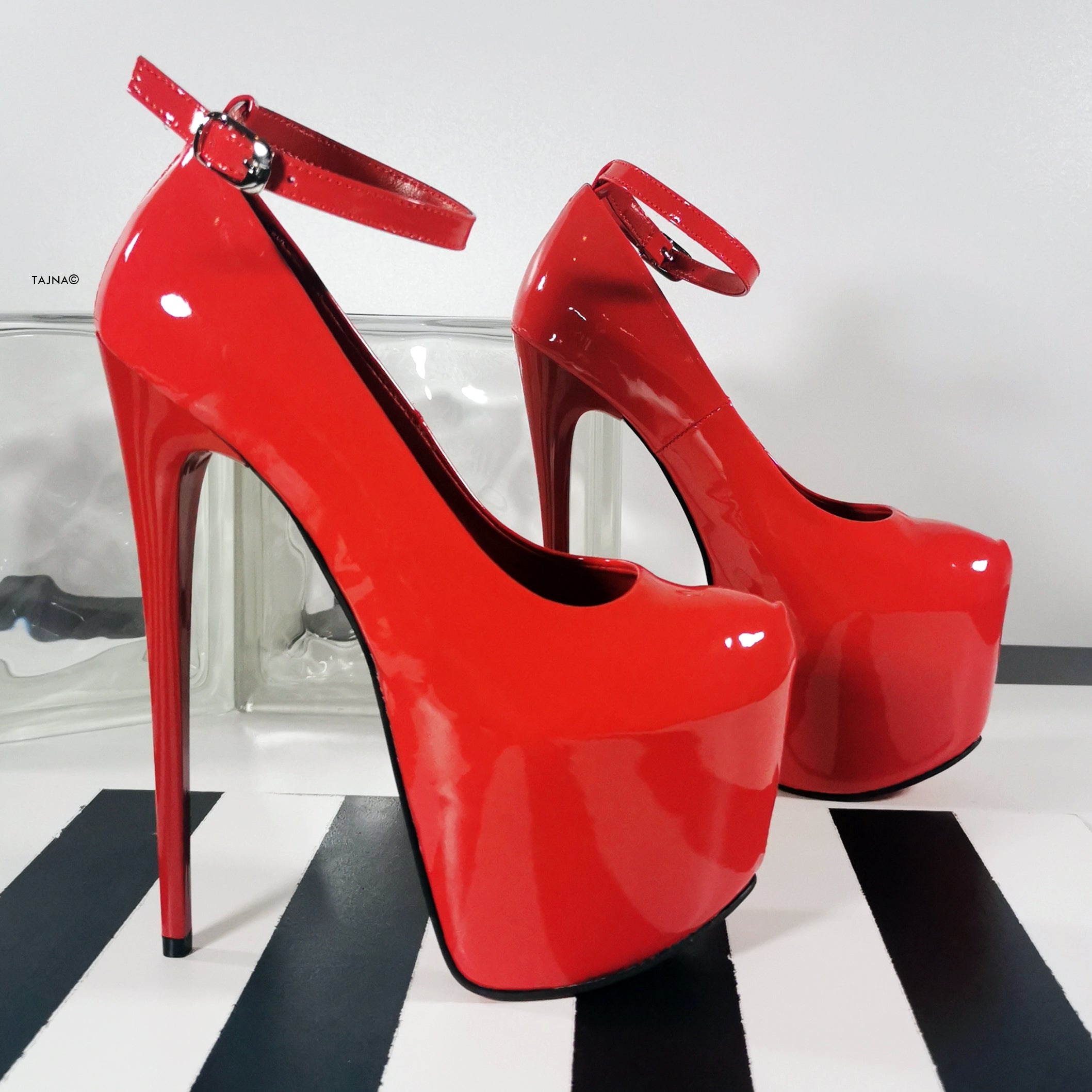 Red Gloss Ankle Strap Classic High Heels - Tajna Club