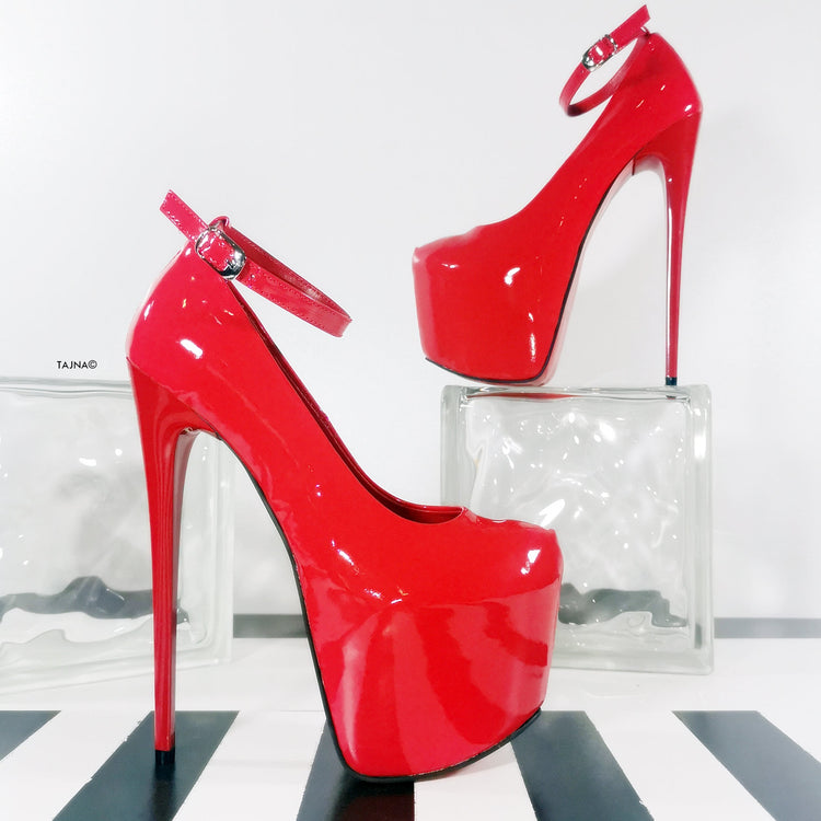 Red Gloss Ankle Strap Classic High Heels - Tajna Club