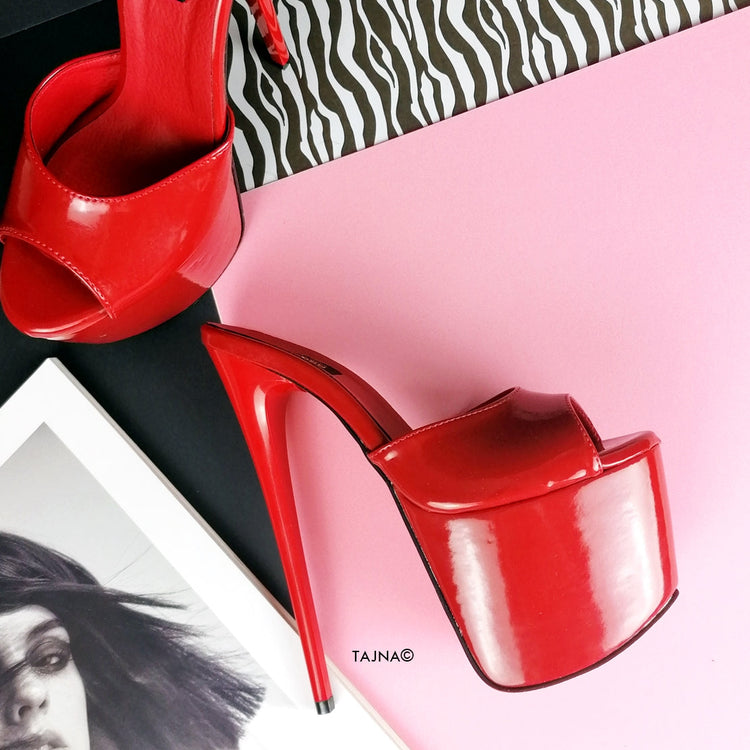 Red Patent Single Strap Platform Mules - Tajna Club