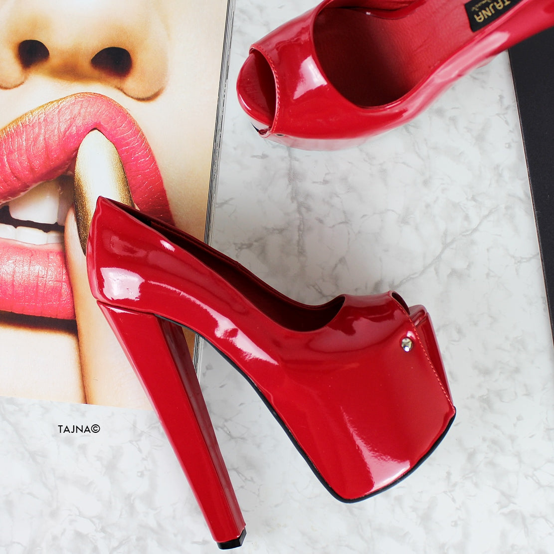 Red Patent Peep Toe Chunky High Heels