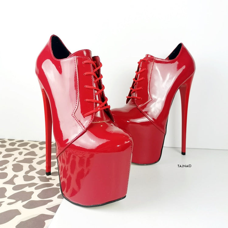 Red Patent Oxford Ankle Lace Up Heels - Tajna Club