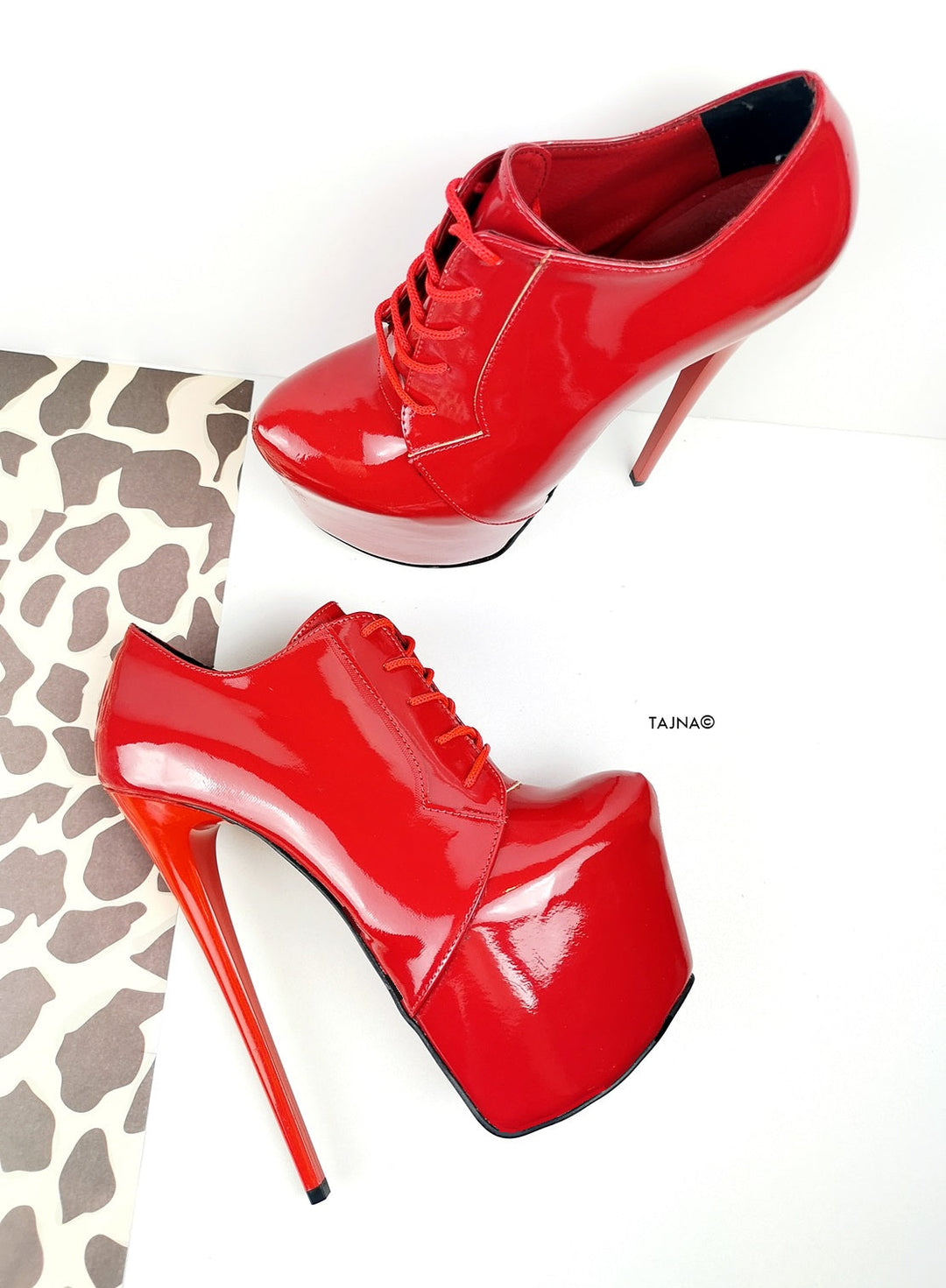 Red Patent Oxford Ankle Lace Up Heels - Tajna Club