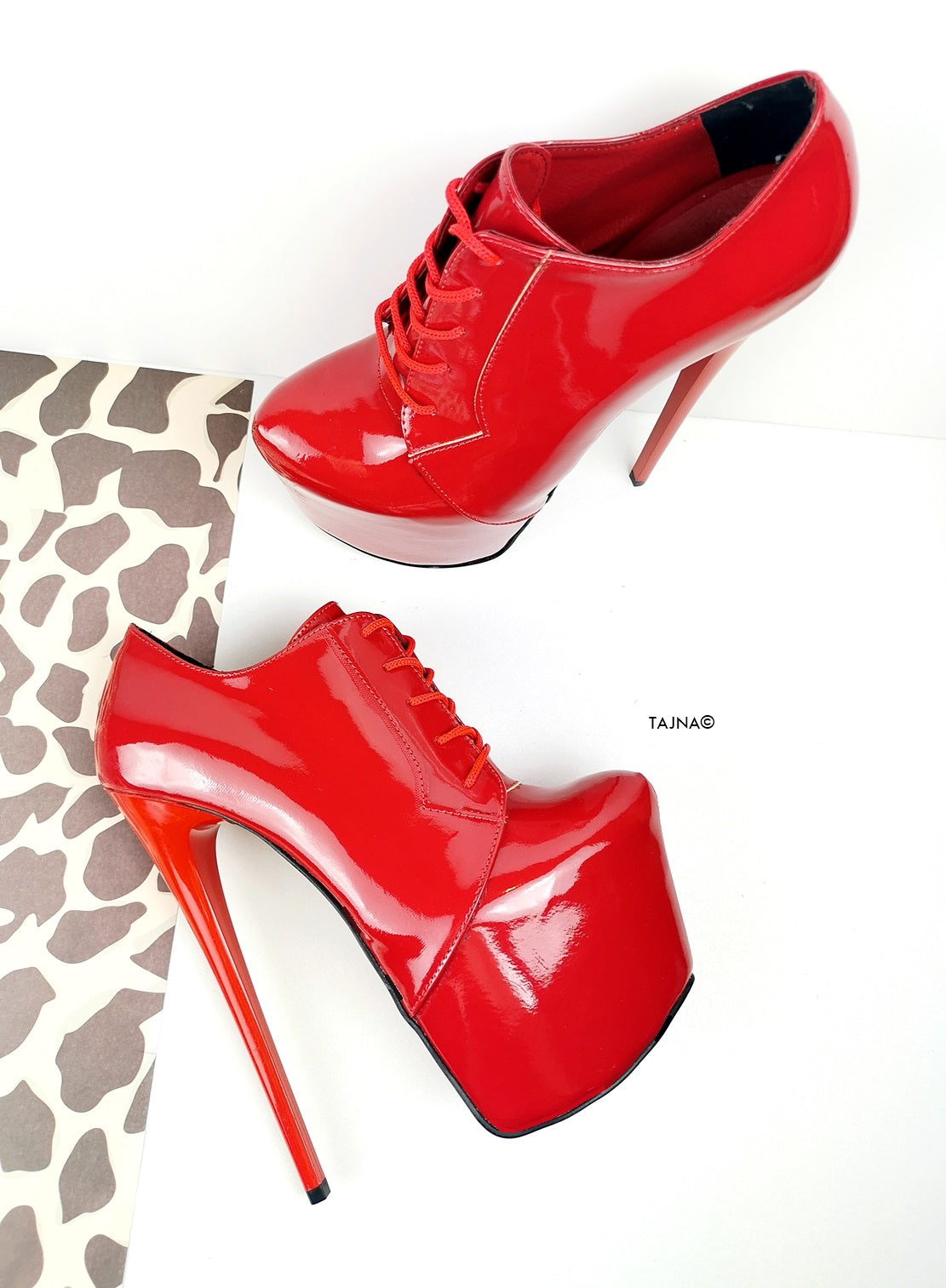 Red Patent Oxford Ankle Lace Up Heels - Tajna Club