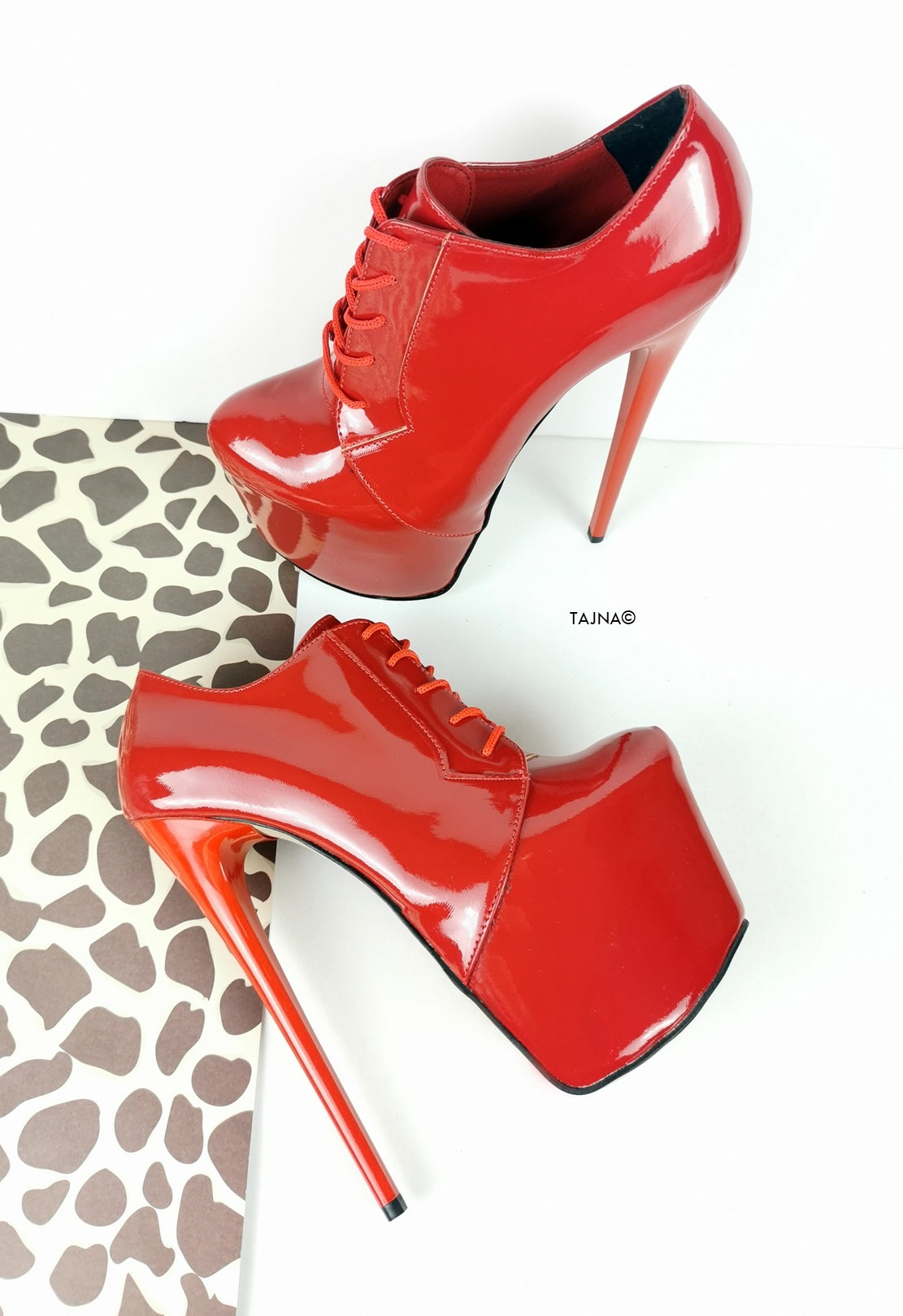 Red Patent Oxford Ankle Lace Up Heels - Tajna Club