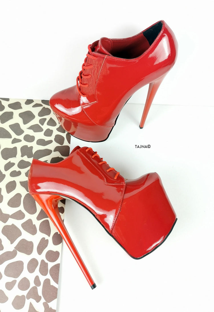 Red Patent Oxford Ankle Lace Up Heels - Tajna Club