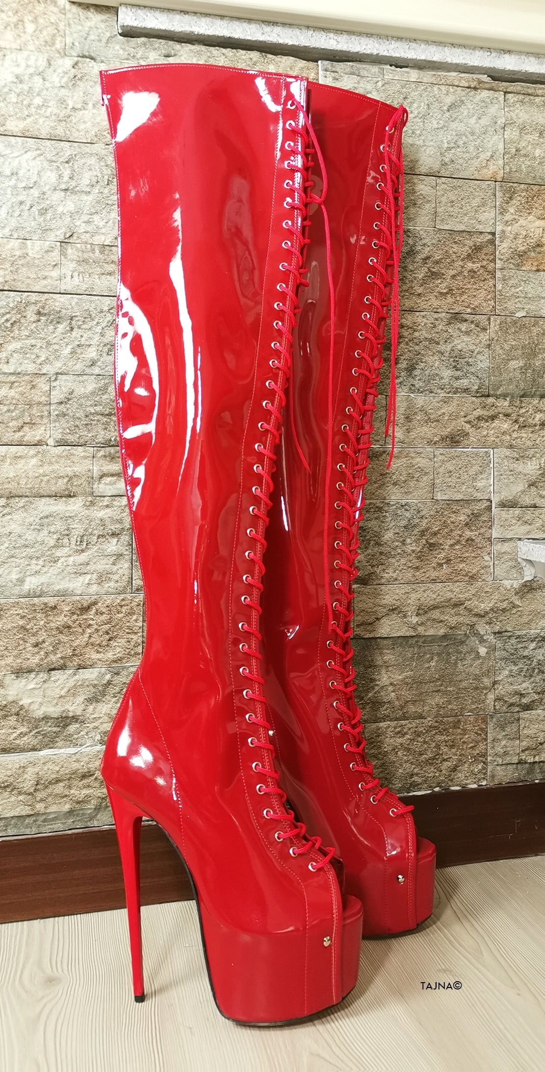 Red Patent Gladiator Lace Up Thigh High Boots - Tajna Club