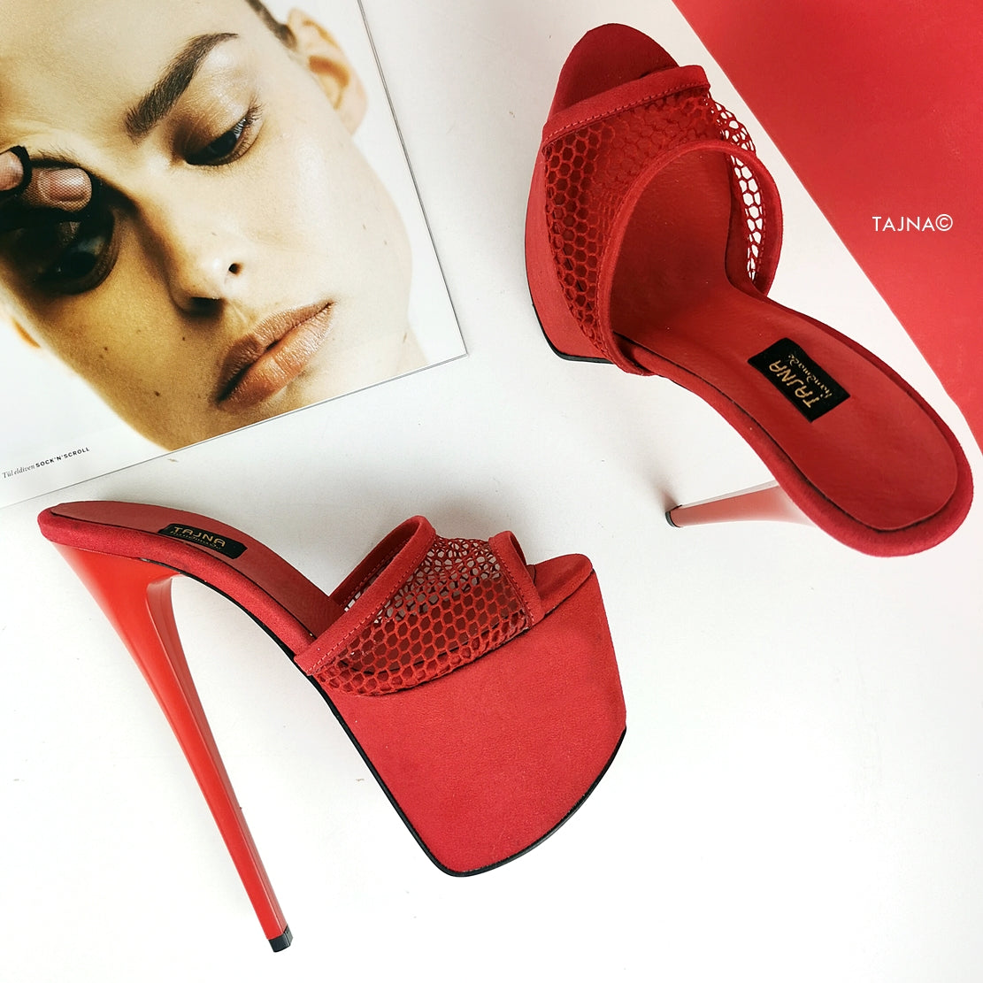 Red Suede Fishnet High Heel Mules - Tajna Club