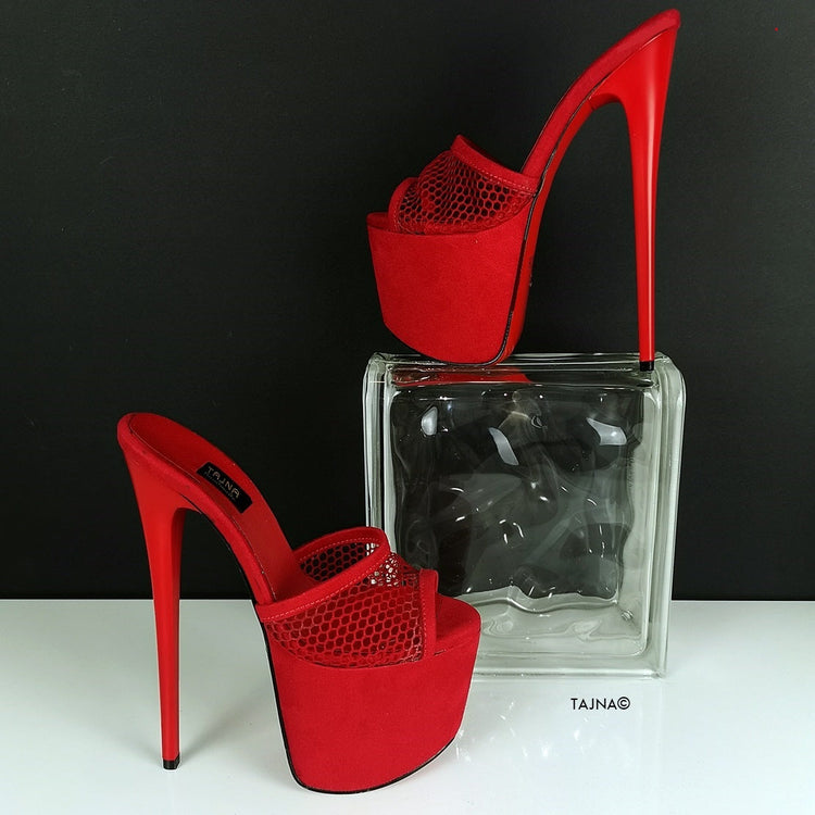Red Suede Fishnet High Heel Mules - Tajna Club