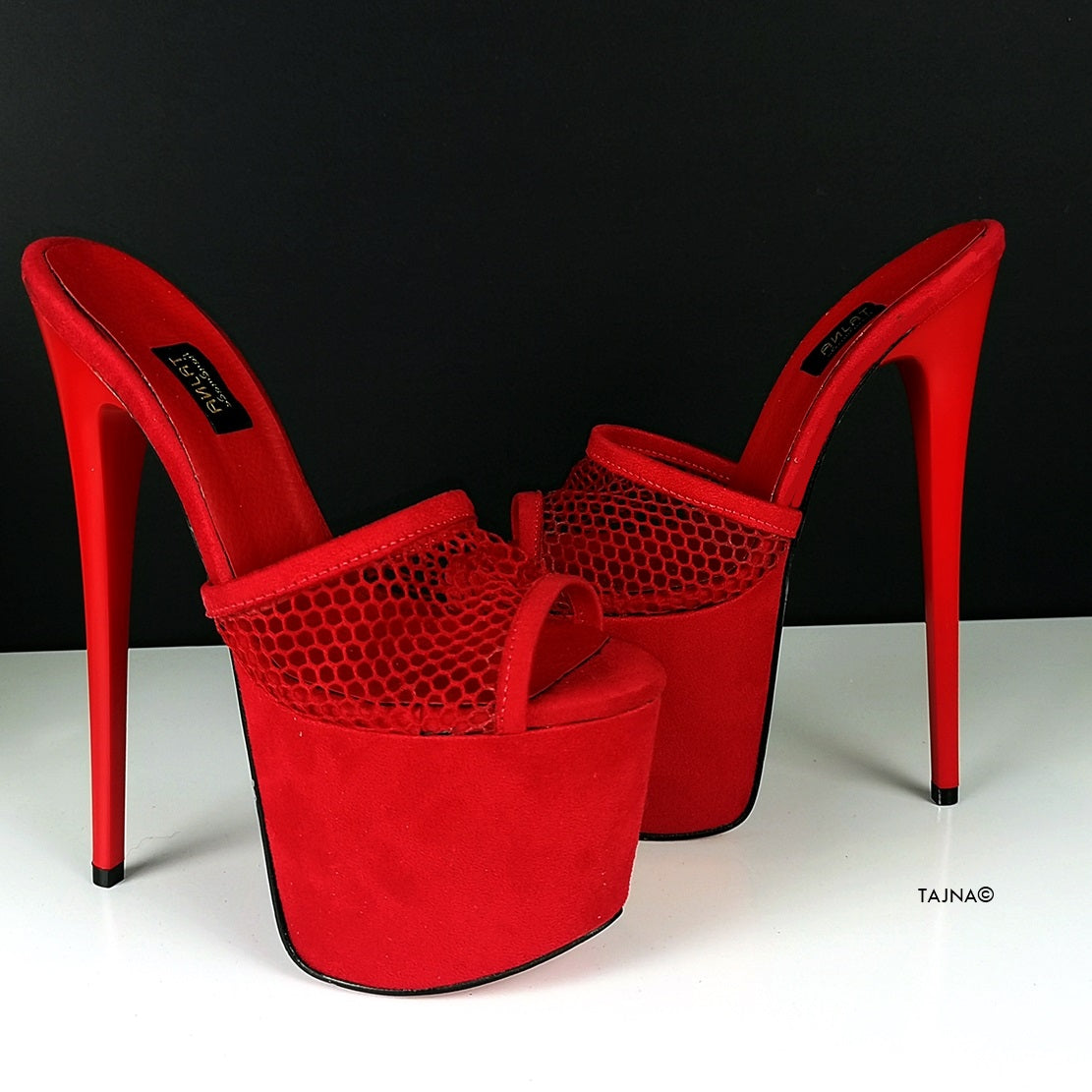 Red Suede Fishnet High Heel Mules - Tajna Club