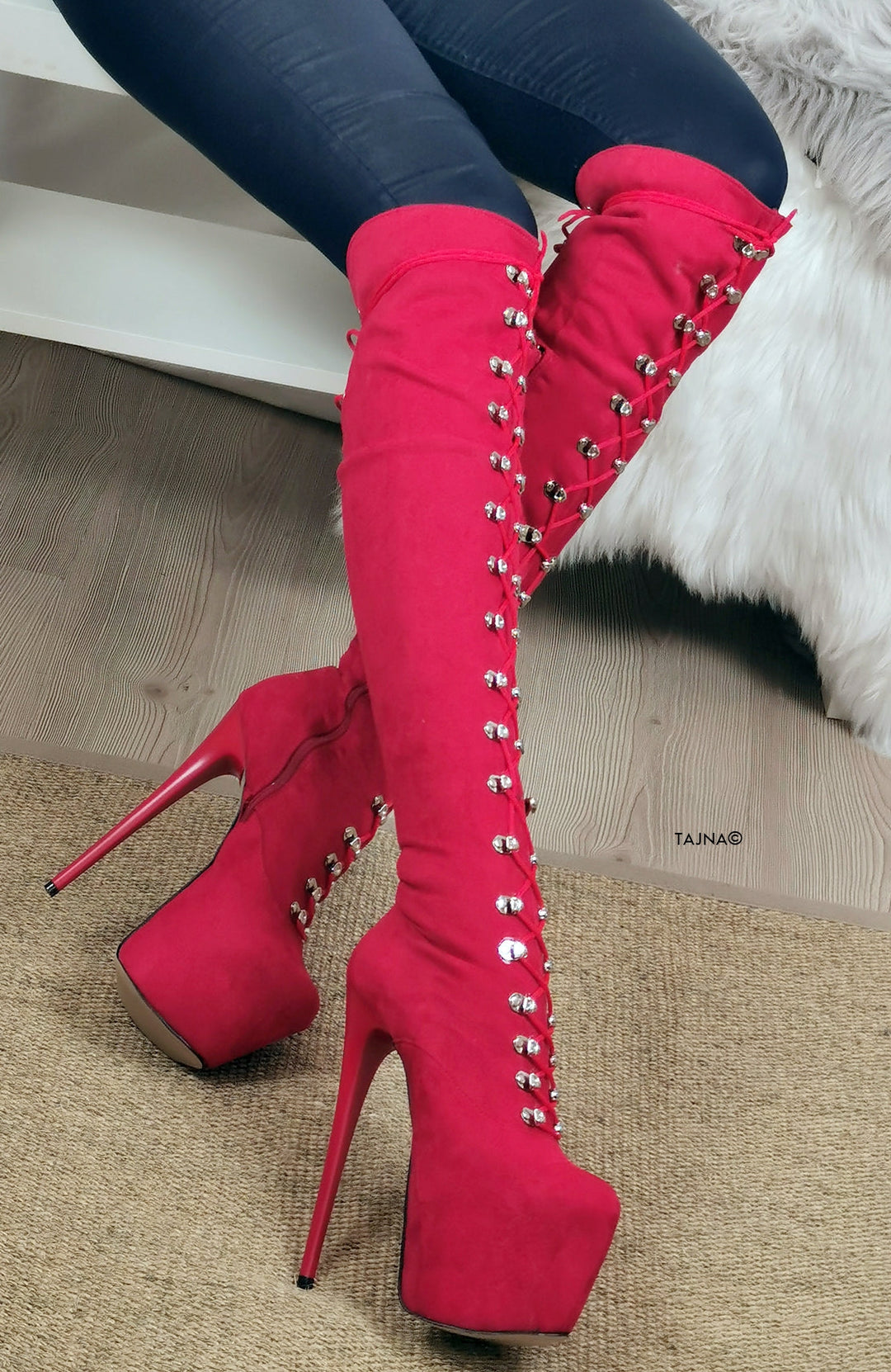 Red Suede Military High Heel Boots - Tajna Club