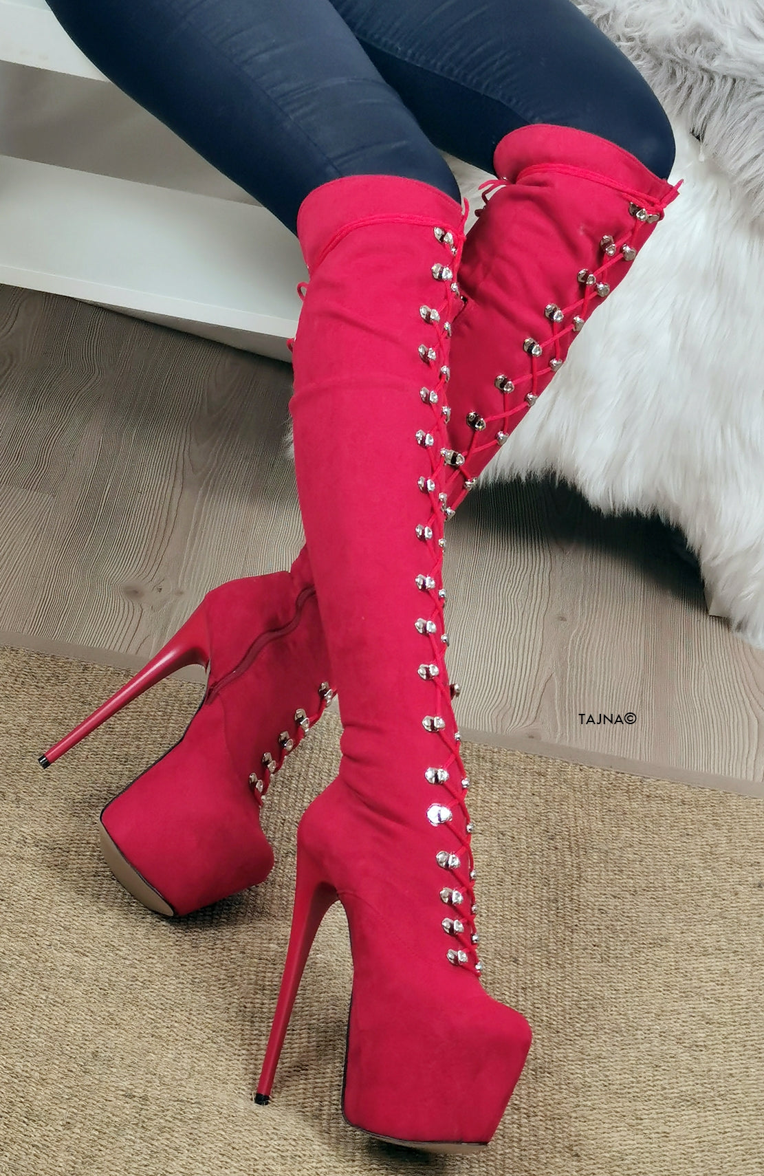 Red Suede Military High Heel Boots - Tajna Club