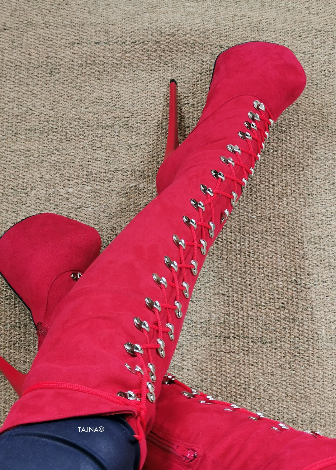 Red Suede Military High Heel Boots - Tajna Club