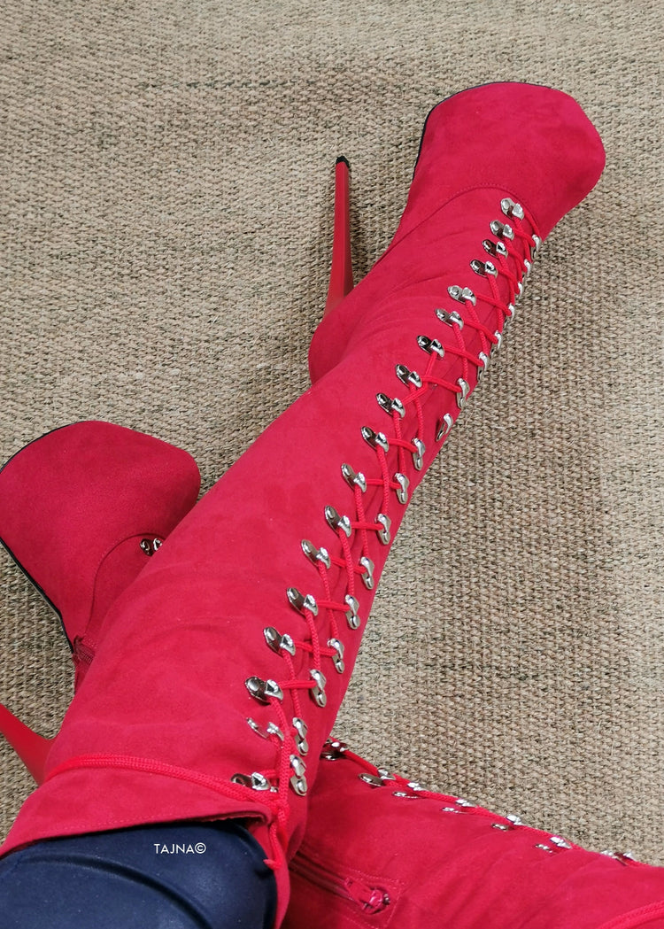 Red Suede Military High Heel Boots - Tajna Club