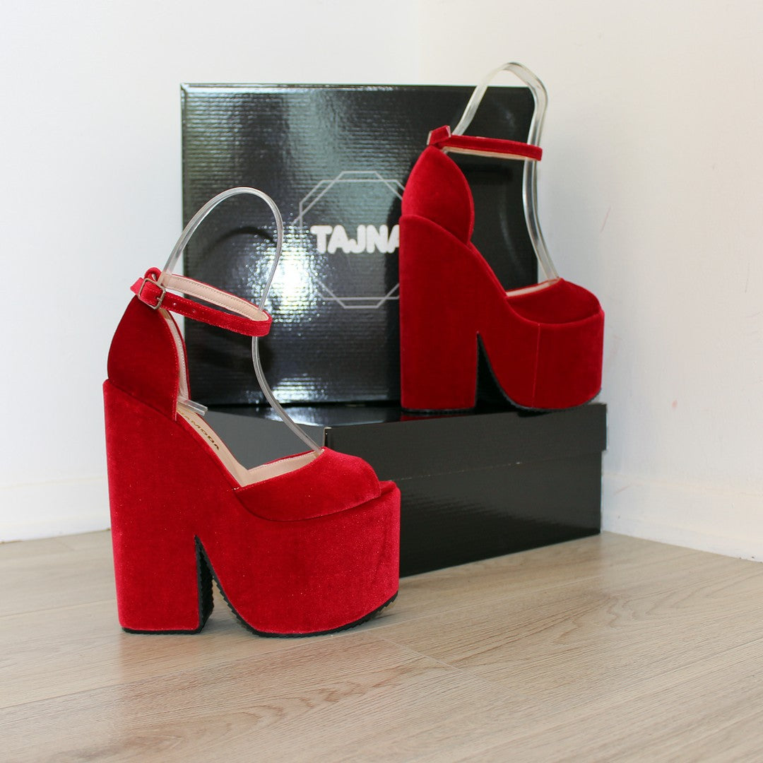 Dark Red Velvet High Heel Wedge Platform Shoes - Tajna Club