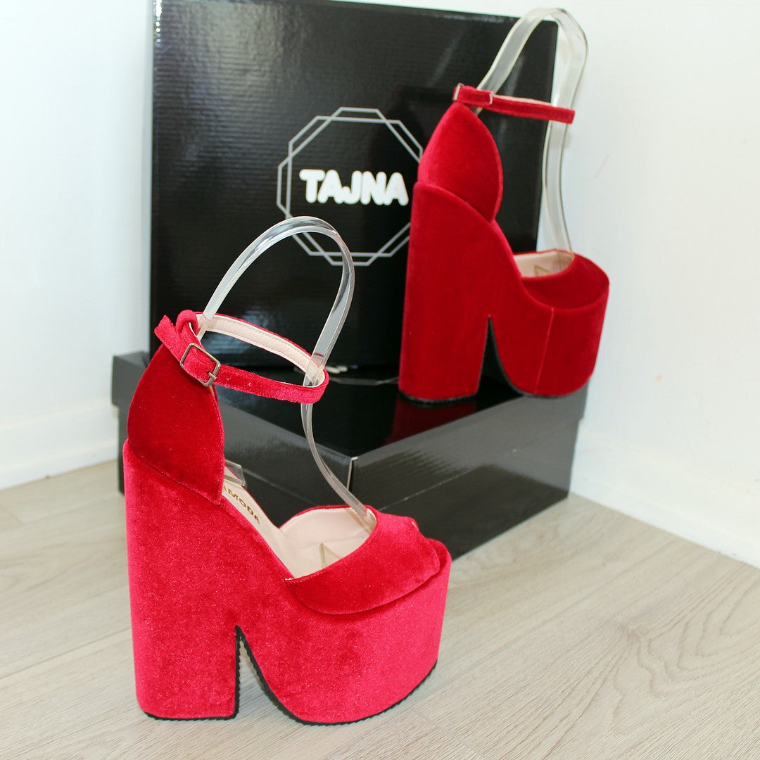 Dark Red Velvet High Heel Wedge Platform Shoes - Tajna Club