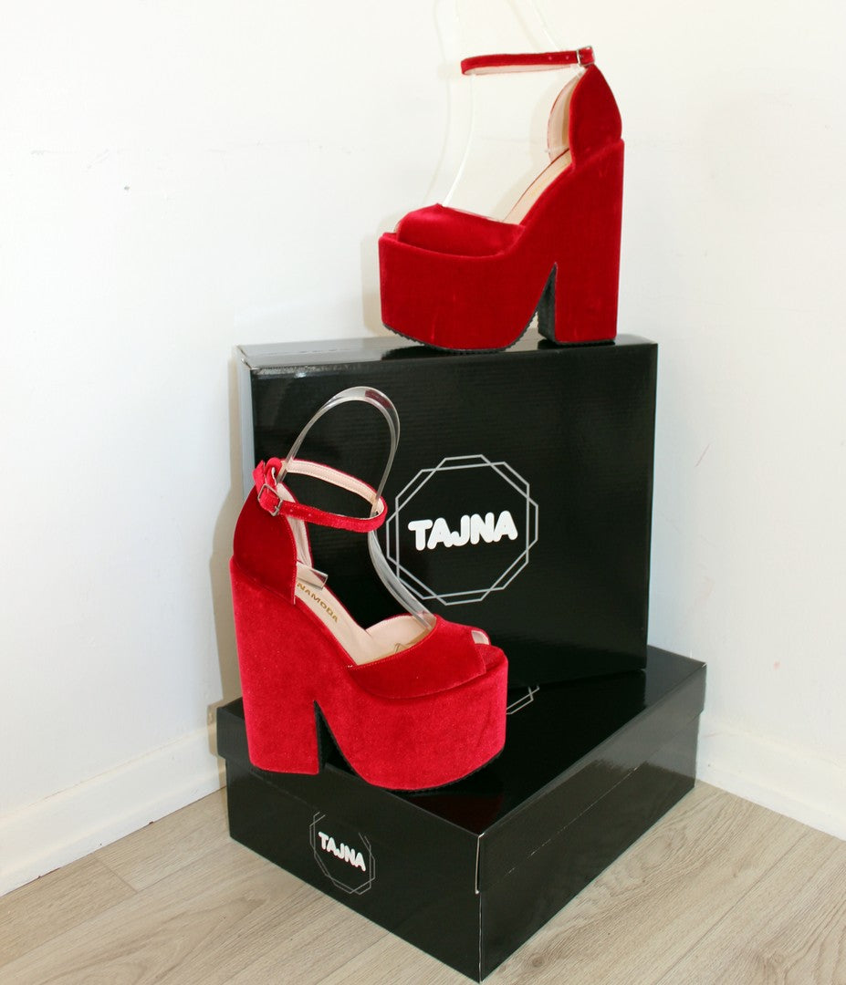 Dark Red Velvet High Heel Wedge Platform Shoes - Tajna Club