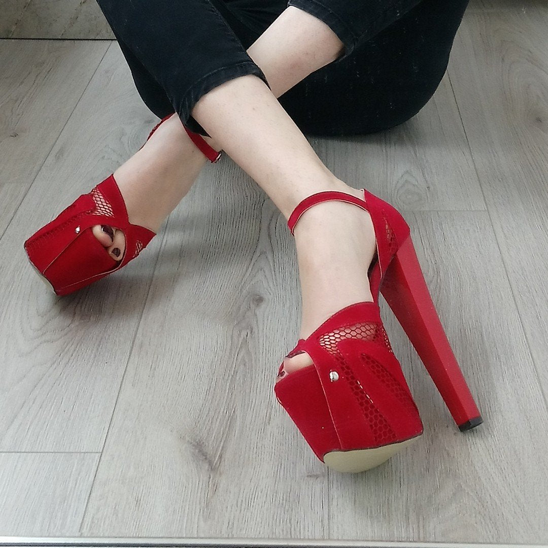 Red Suede Mesh Peep Toe Platform Heels - Tajna Club